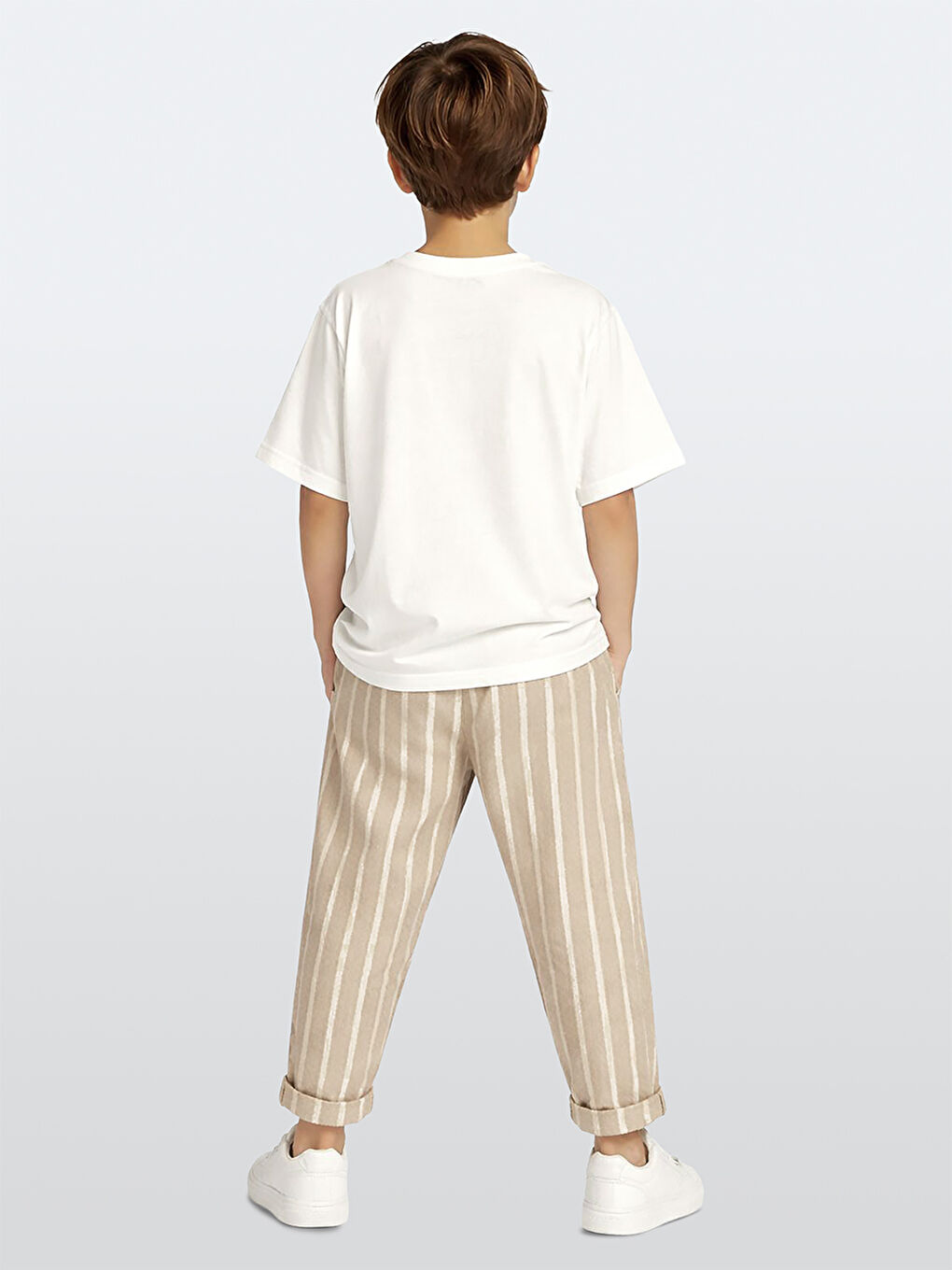 Kahverengi Erkek Çocuk Takım Motosiklet T-Shirt Ve Çizgili Keten Görünümlü Yazlık Pantolon-1