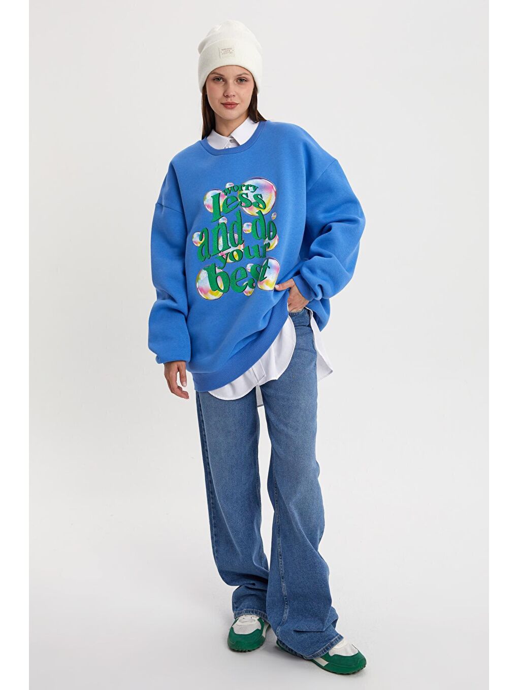 Mavi01 Baloncuk Baskılı Oversize Şardonlu Sweatshirt-1