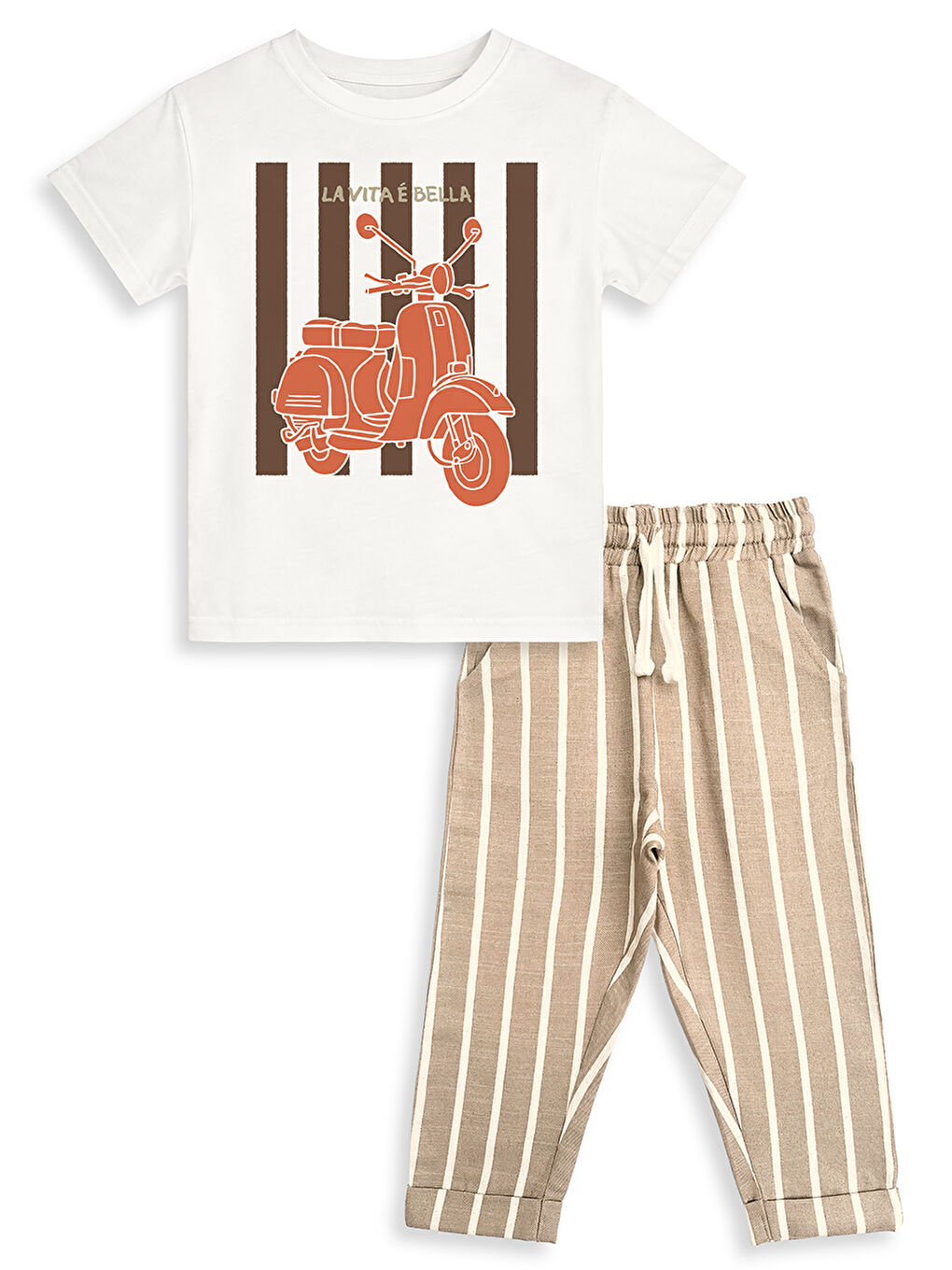 Kahverengi Erkek Çocuk Takım Motosiklet T-Shirt Ve Çizgili Keten Görünümlü Yazlık Pantolon-3