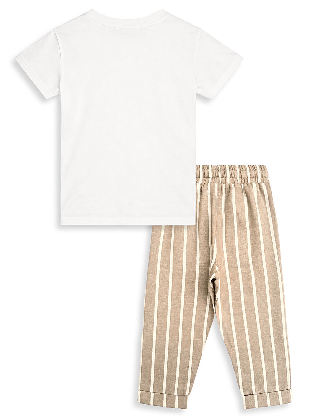 Kahverengi Erkek Çocuk Takım Motosiklet T-Shirt Ve Çizgili Keten Görünümlü Yazlık Pantolon-4