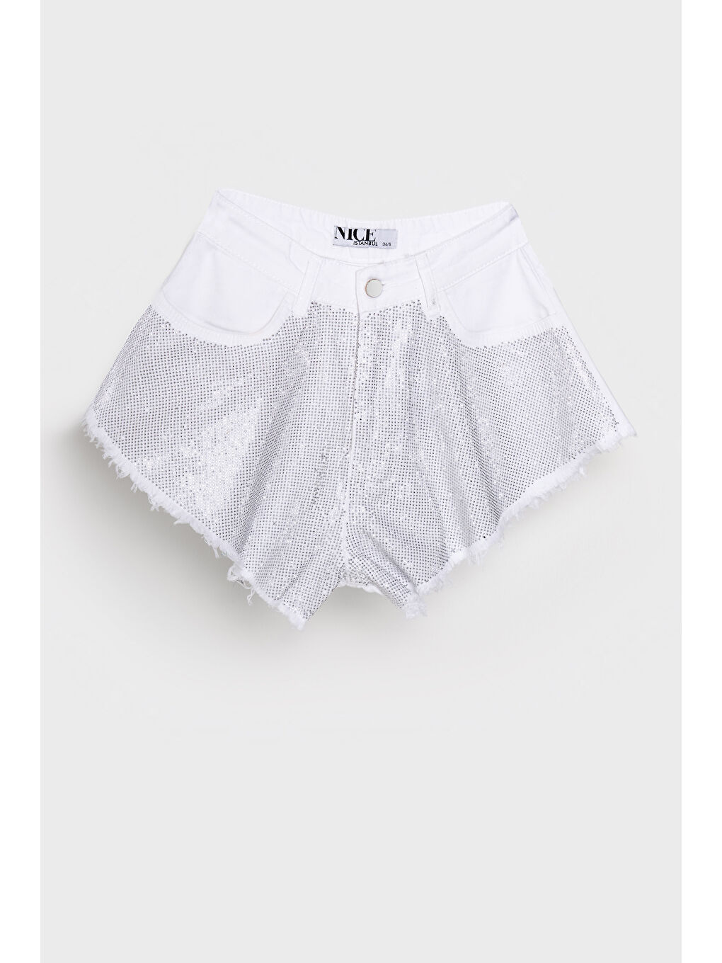 Kadın Beyaz Renk TS4 Balon Fit Mini Boy Parlak Taşlı %100 Pamuk Tasarım Denim Şort-1