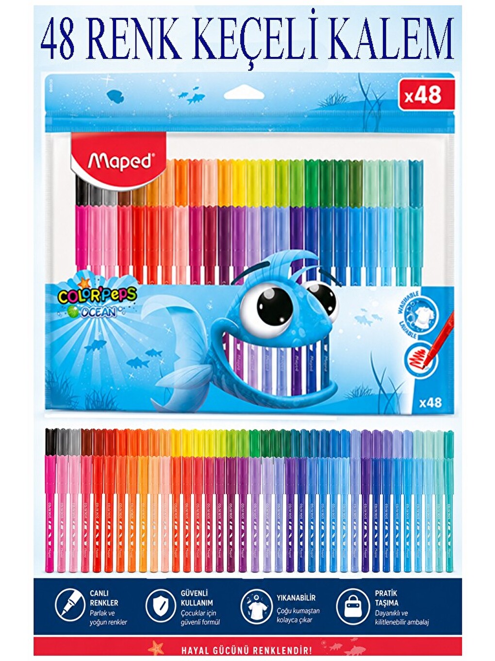 Keçeli Kalem 48 Renk 1 Paket Maped 48 Li Keçeli Kalem Canlı Ve Parlak Renkler Ocean Color Peps Yıkan