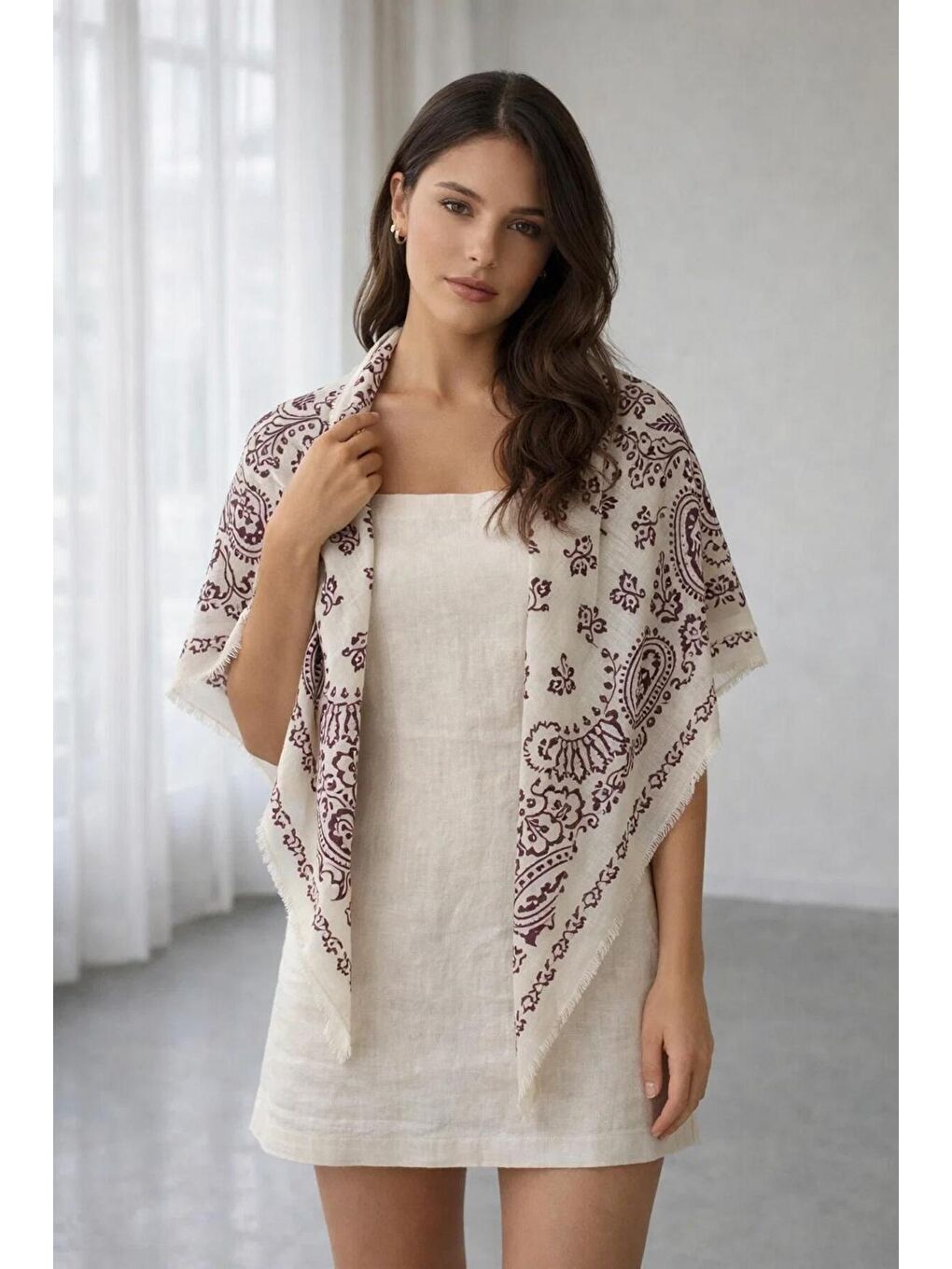 Kadın Bordo Etnik Desenli Bohem Üçgen Şal Bandana 110x110 cm SAL1400 BORDO