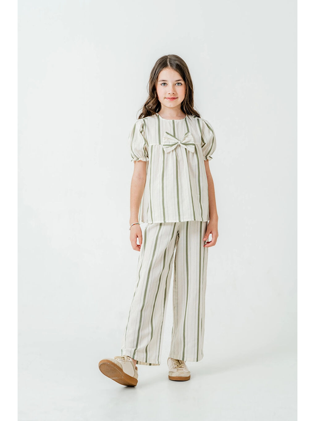 Yeşil Kurdelalı Çizgili Kız Çocuk Takım 3837-1