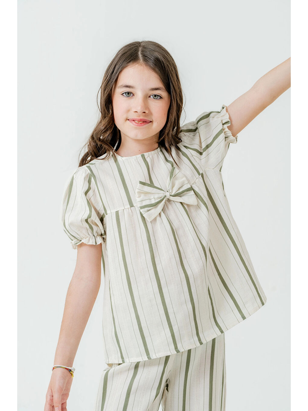 Yeşil Kurdelalı Çizgili Kız Çocuk Takım 3837-2