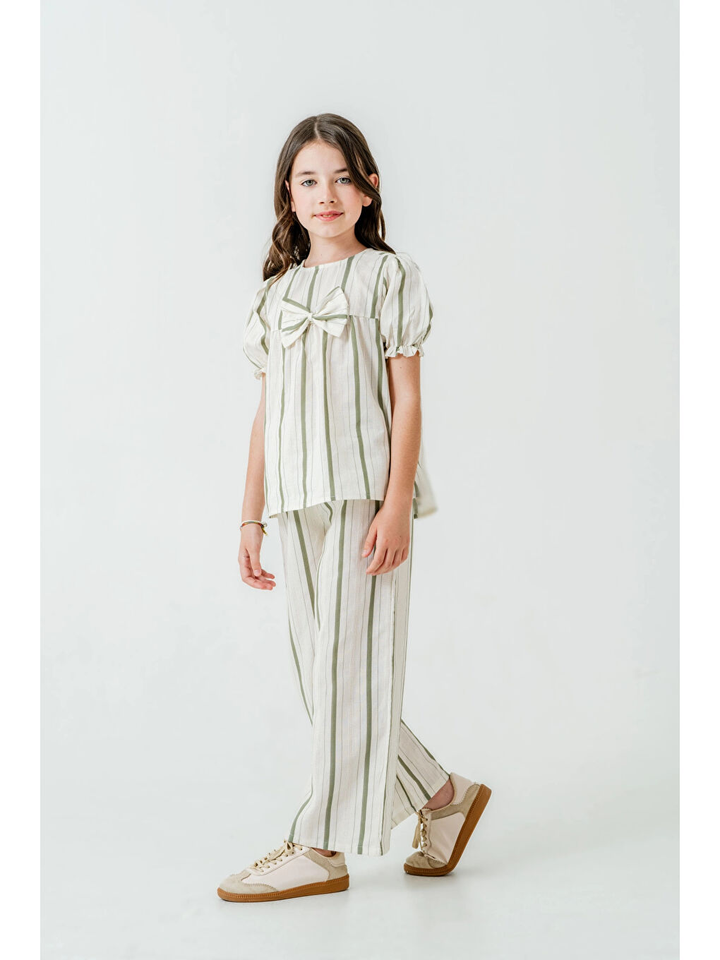 Yeşil Kurdelalı Çizgili Kız Çocuk Takım 3837-3