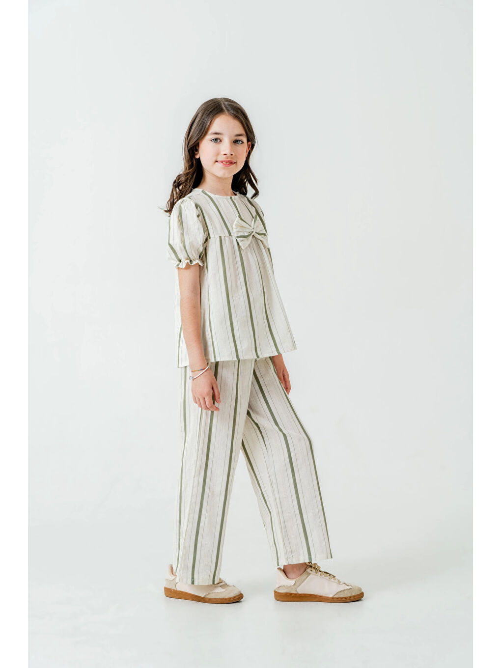 Yeşil Kurdelalı Çizgili Kız Çocuk Takım 3837-4