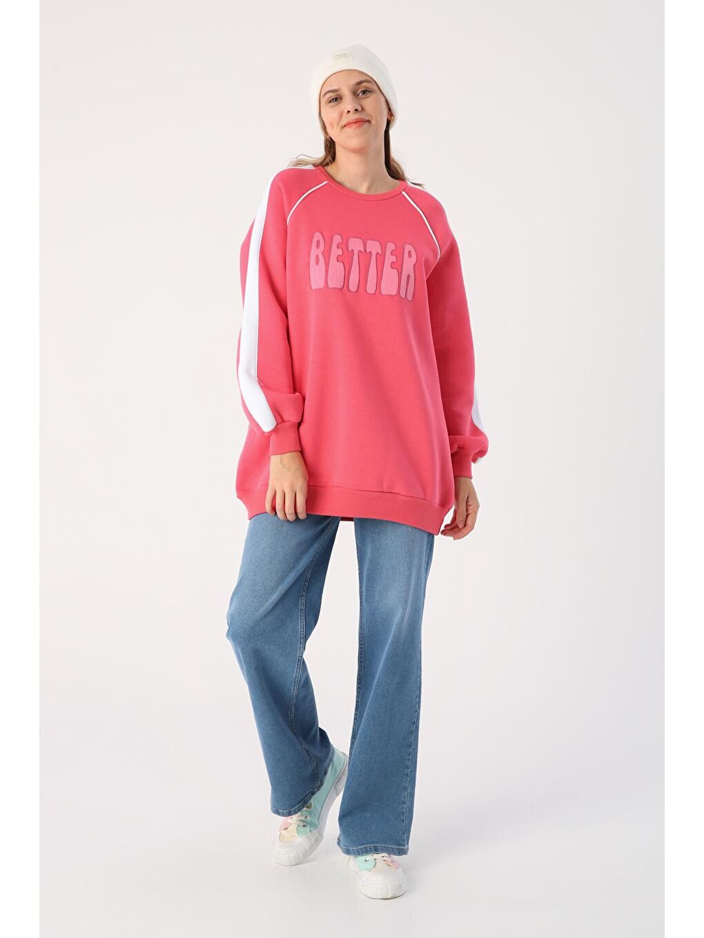 ALLDAY Koyu Pembe Kontrast Garnili Nakışlı Şardonlu Sweatshirt - 3