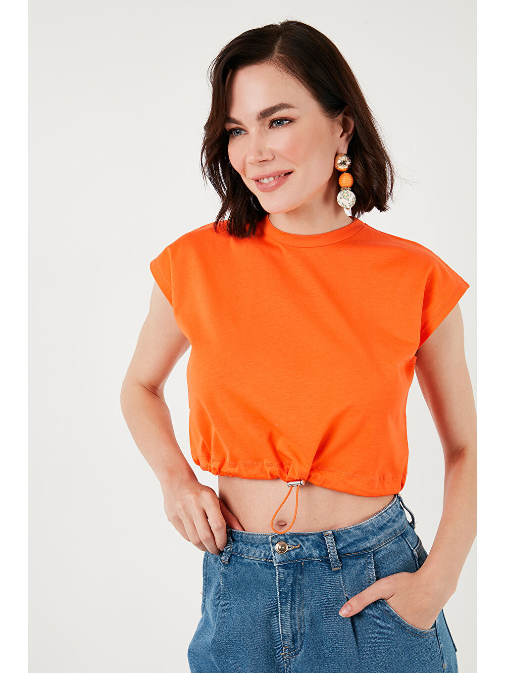 Lela Turuncu Bisiklet Yaka % 100 Pamuk Crop Kadın T Shirt 5865587 - 5