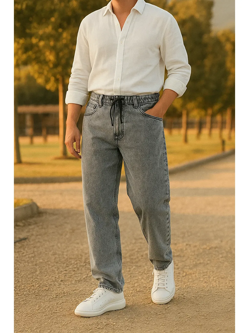 Erkek Bol Paça Jogger Baggy Gri Pantolon