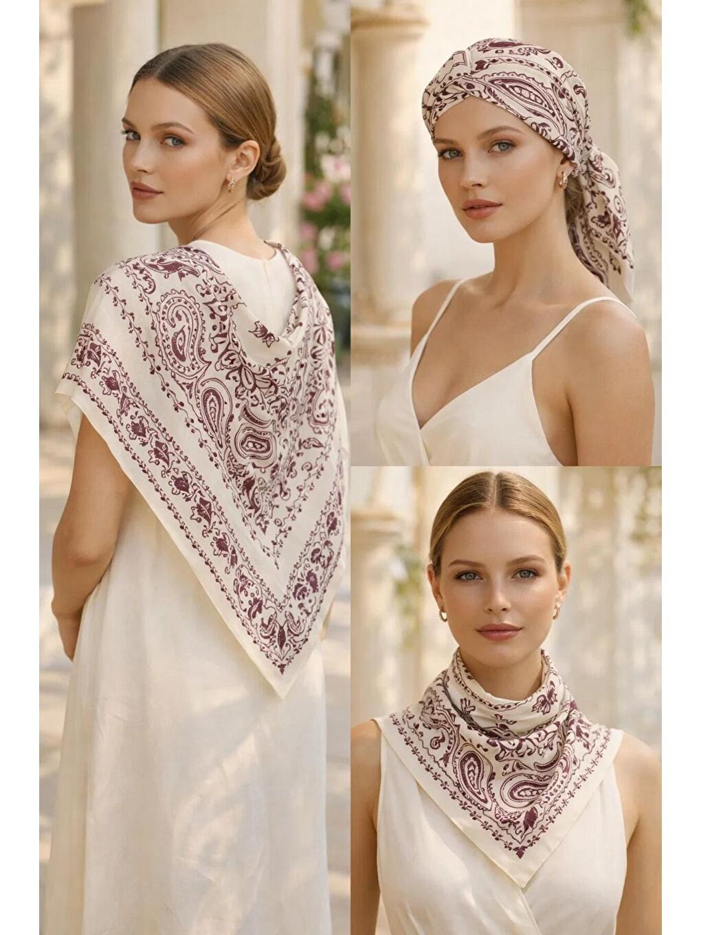 Kadın Bordo Etnik Desenli Bohem Üçgen Şal Bandana 110x110 cm SAL1400 BORDO-5