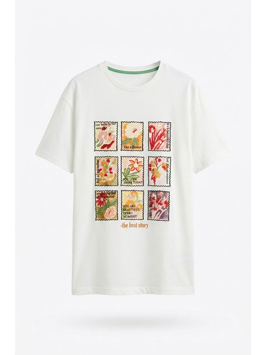 Çiçek Kolaj Baskılı Oversize Tişört Ekru-1