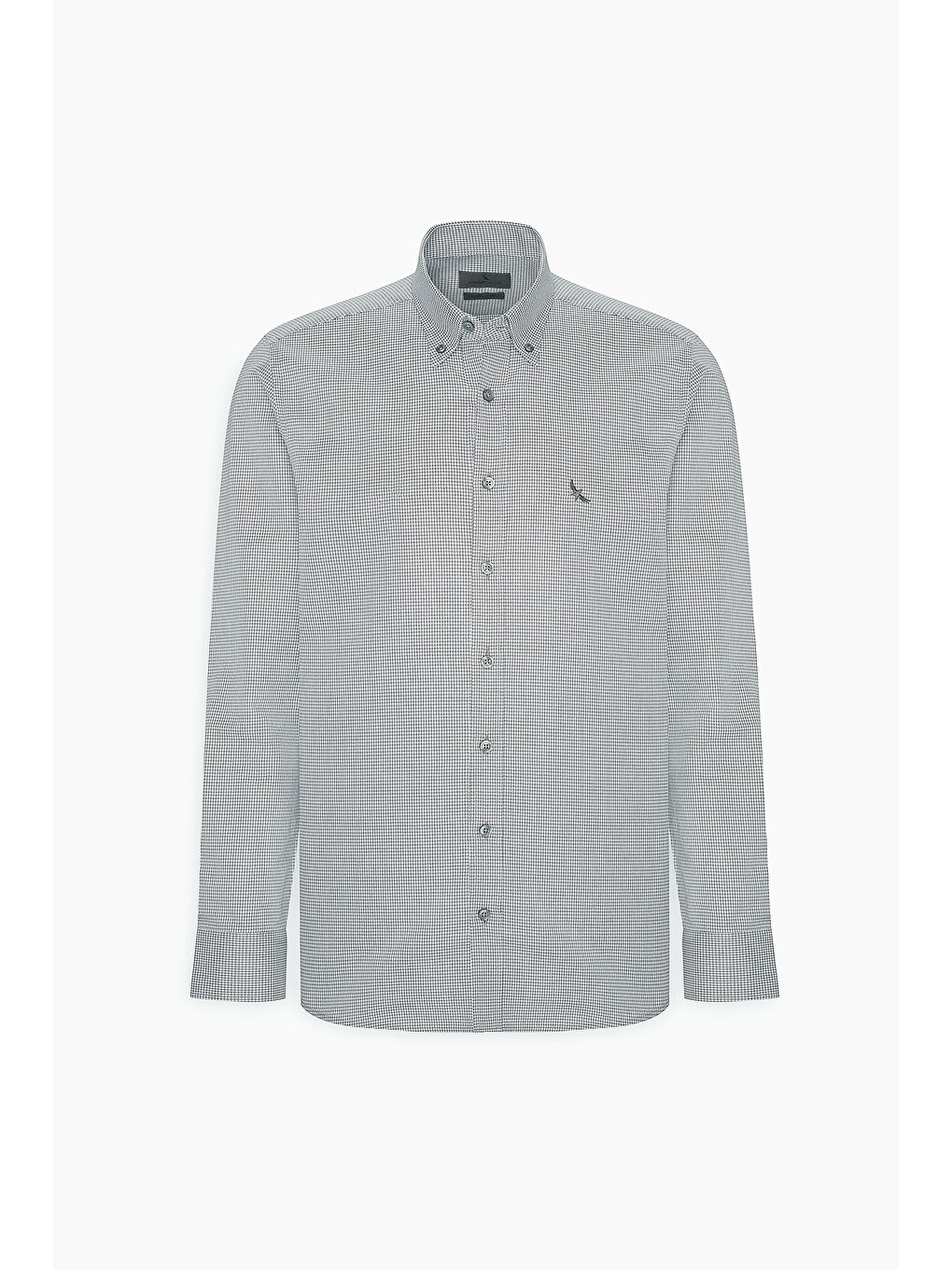 Erkek Siyah-Beyaz Slim Fit Dar Kesim Düğmeli Yaka %100 Pamuk Kazayağı Desenli Gömlek-5