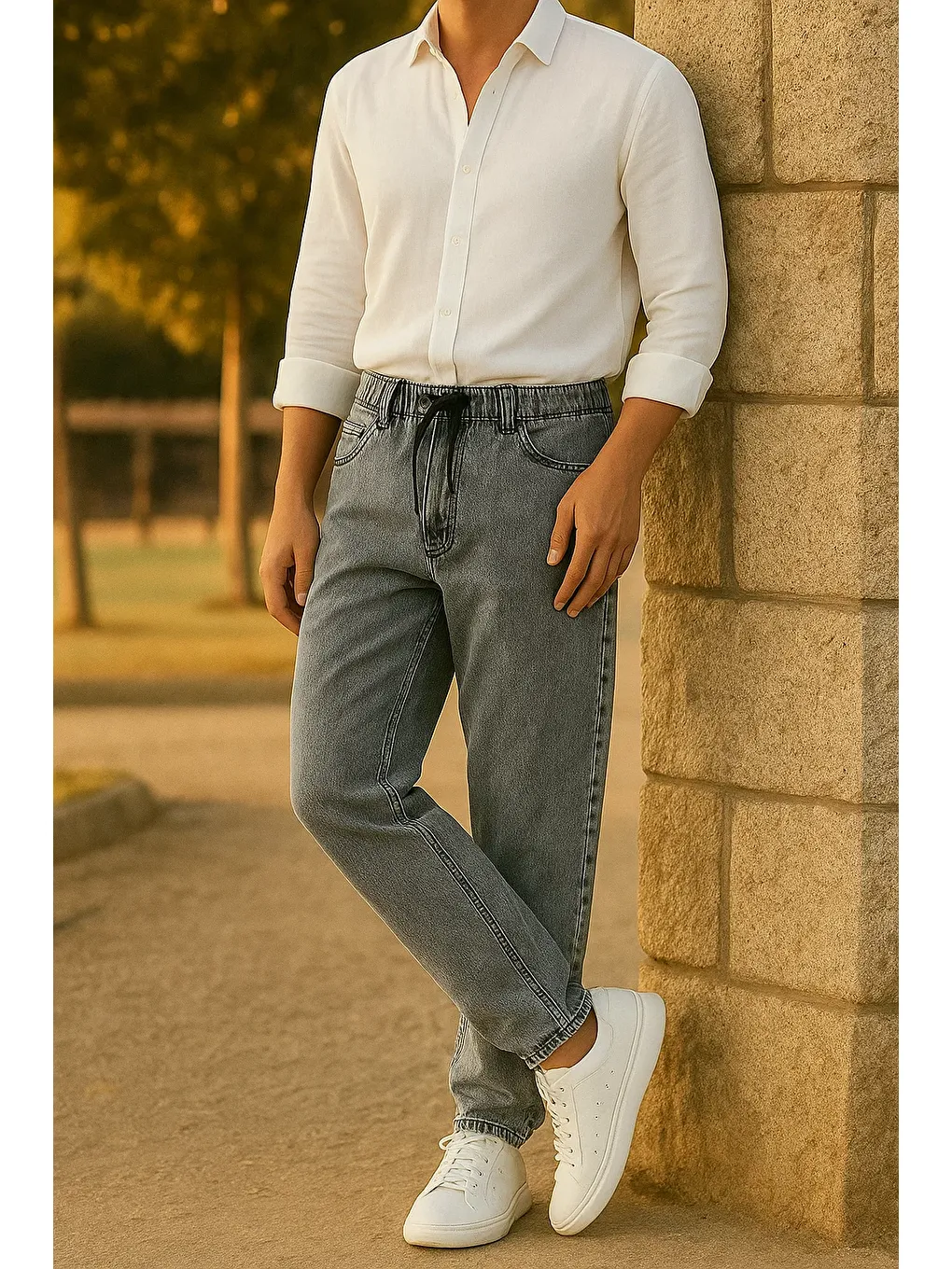 Erkek Bol Paça Jogger Baggy Gri Pantolon-2