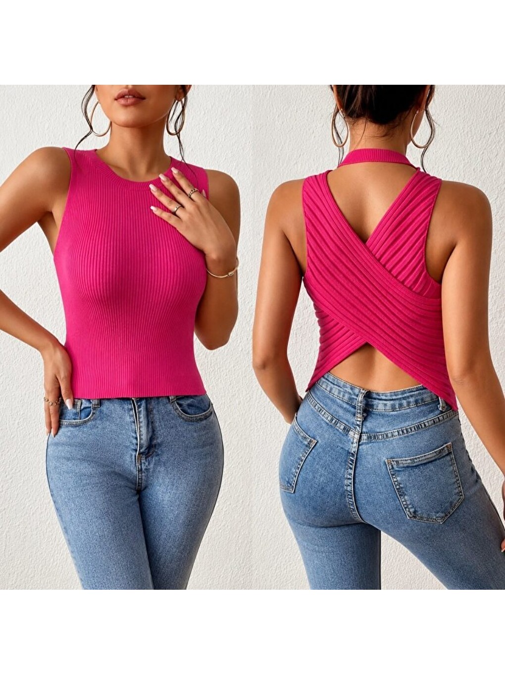Pembe Kadın Sıfır Kol Sırt Çapraz Detay Triko Bluz-2