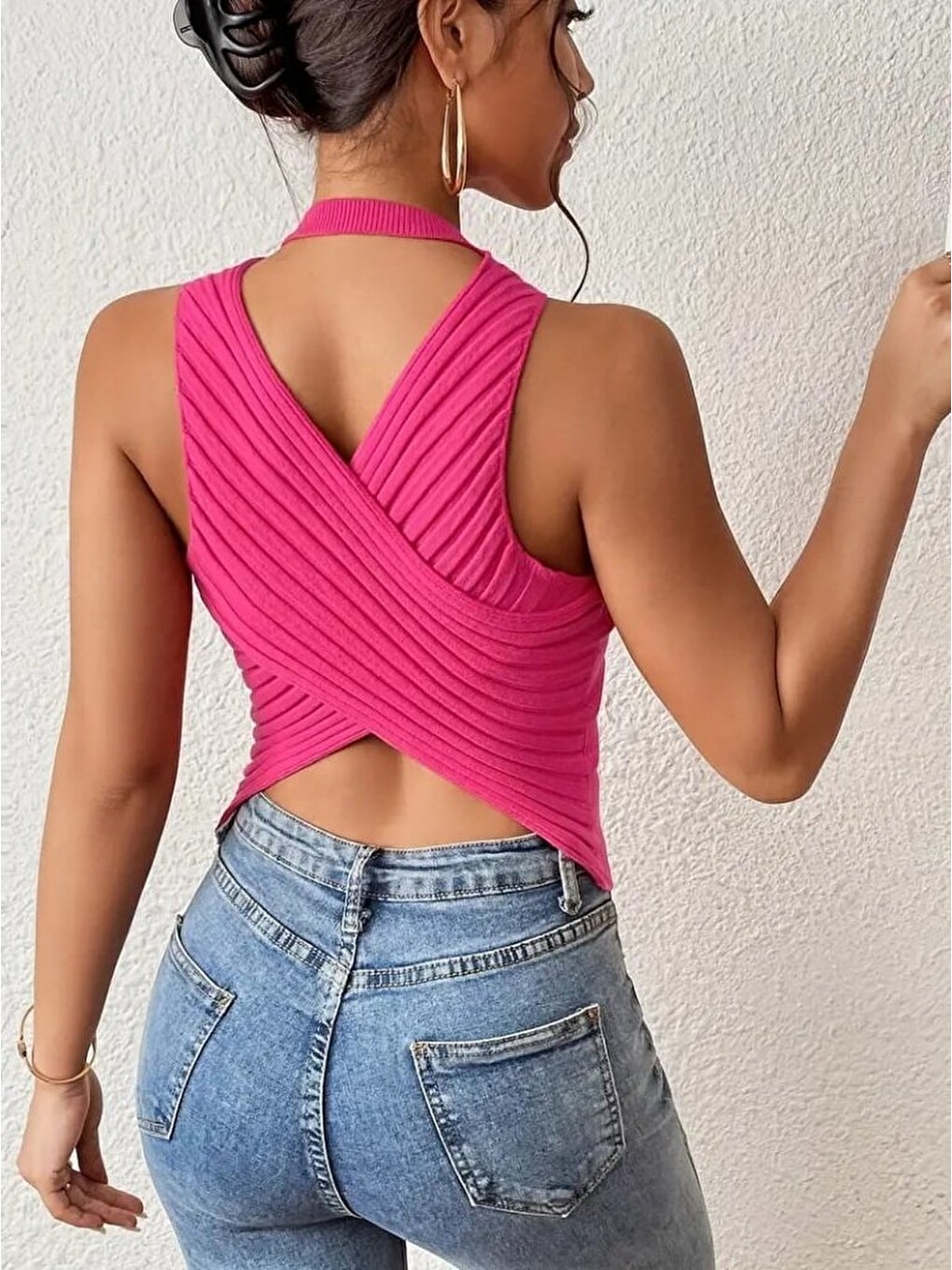 Pembe Kadın Sıfır Kol Sırt Çapraz Detay Triko Bluz-3