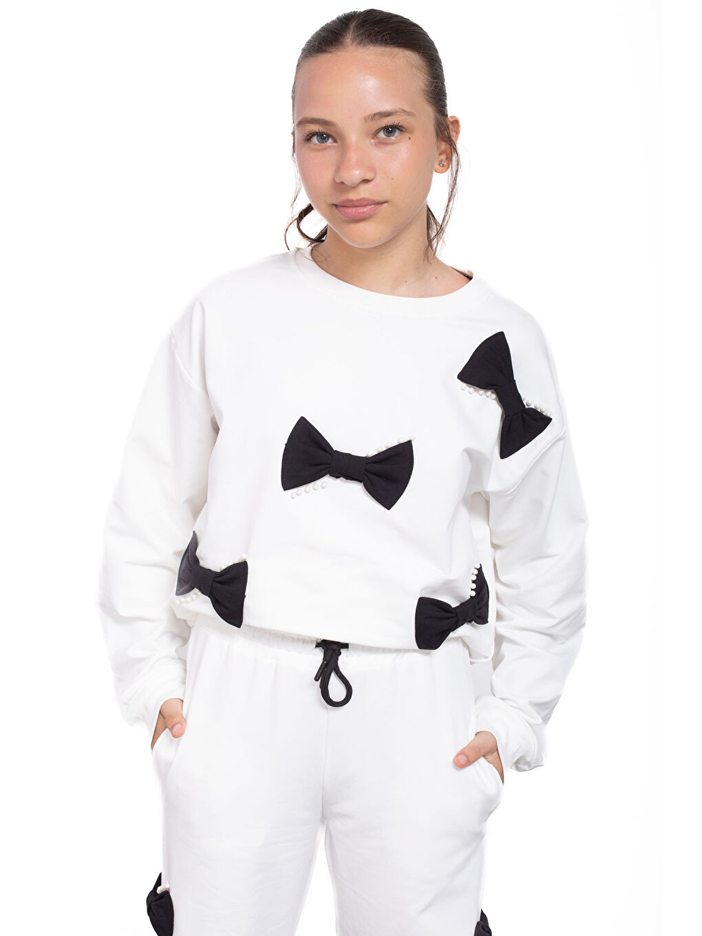 Ekru Fiyonklu İnci Detaylı Kız Çocuk Bisiklet Yaka 2li Eşofman Takımı 21203-1