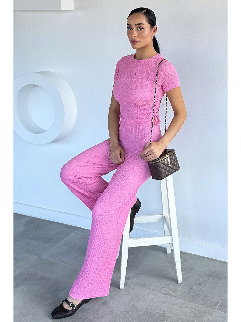 Pembe Kadın Yan Büzgü Detaylı Bluz Bel Lastikli Pantolon İkili Takım
