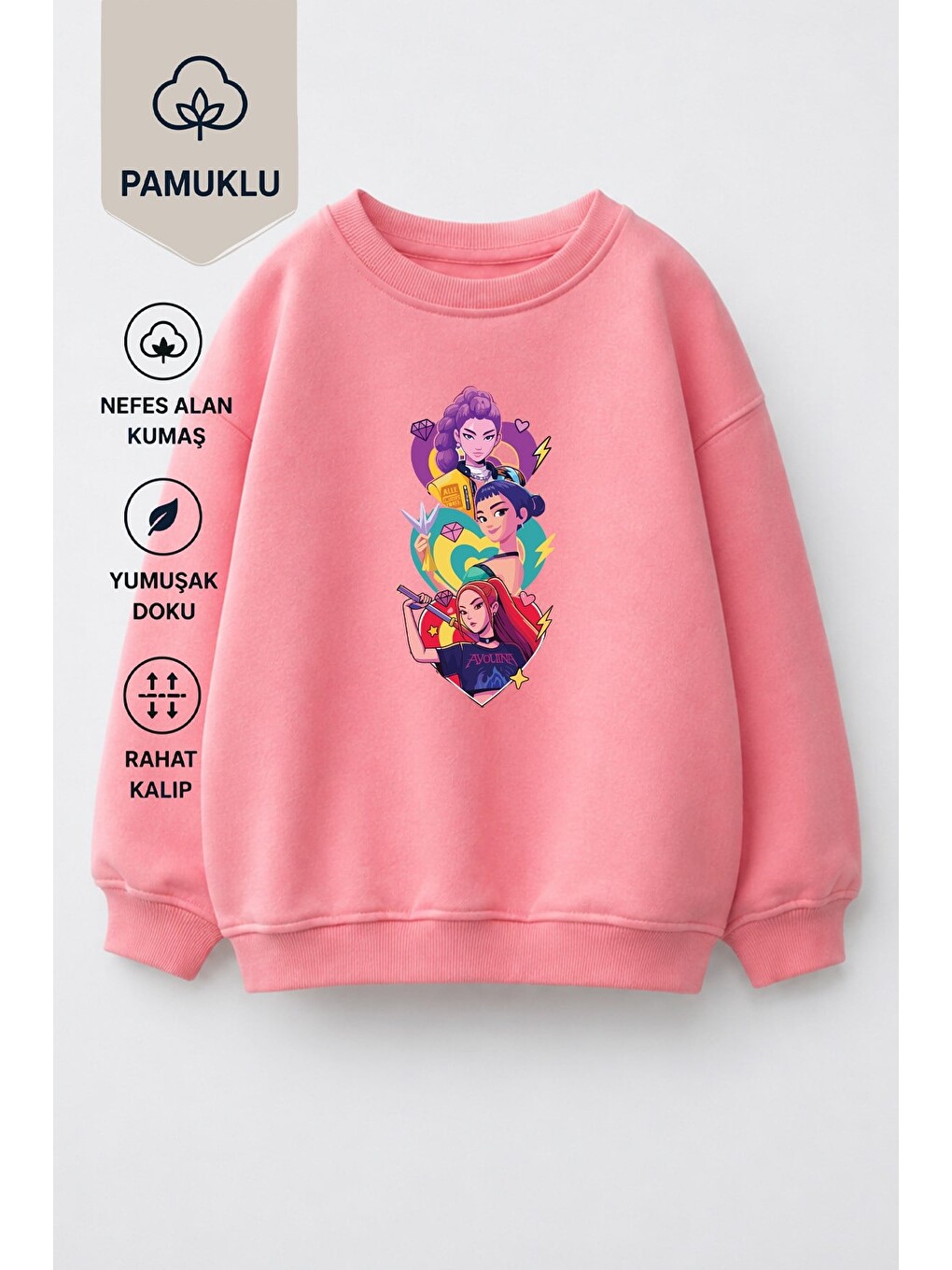 Pembe Kız Çocuk 3 İplik Kumaş Pamuklu Baskılı Sweatshirt-1
