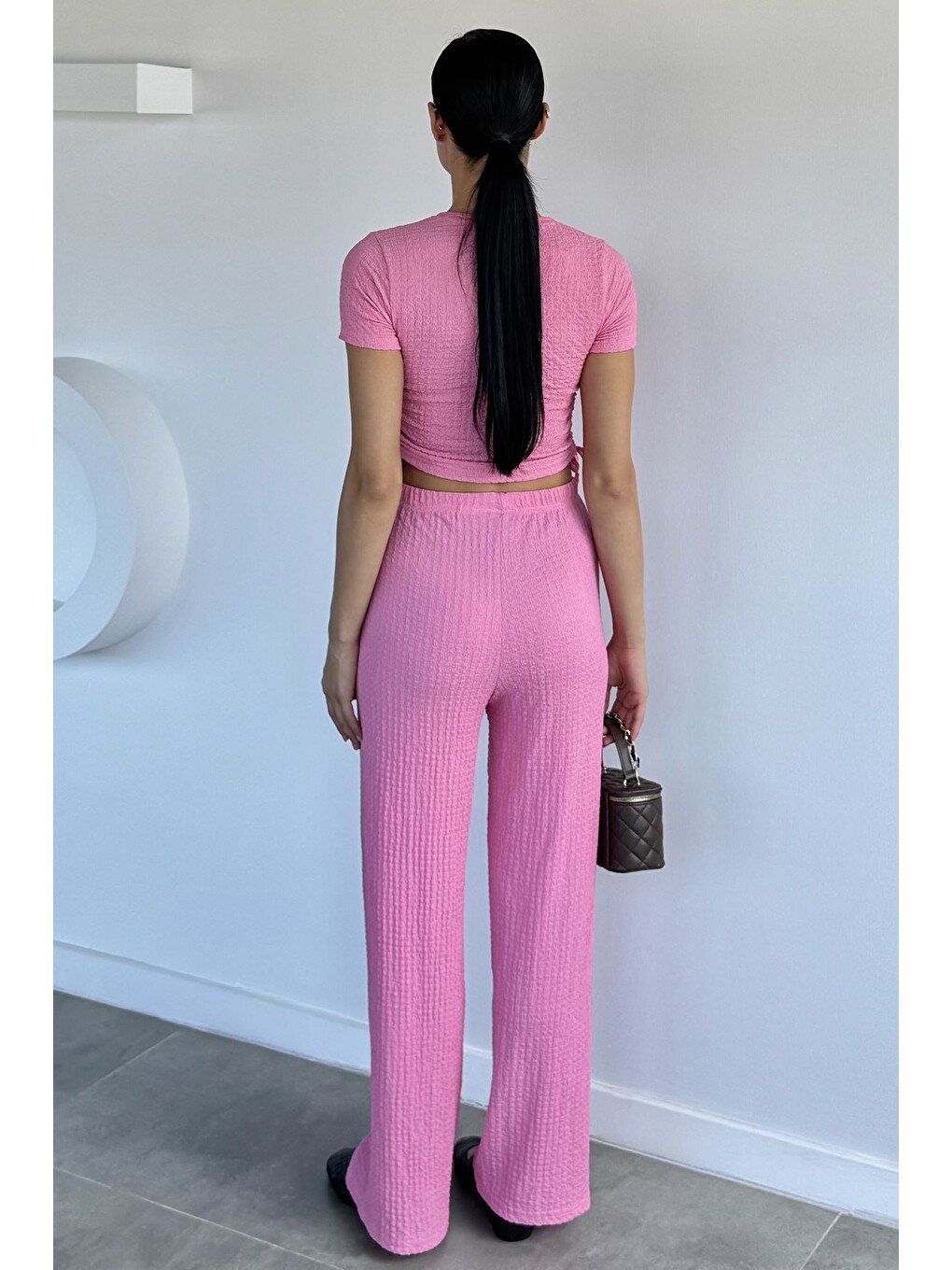 Pembe Kadın Yan Büzgü Detaylı Bluz Bel Lastikli Pantolon İkili Takım-3