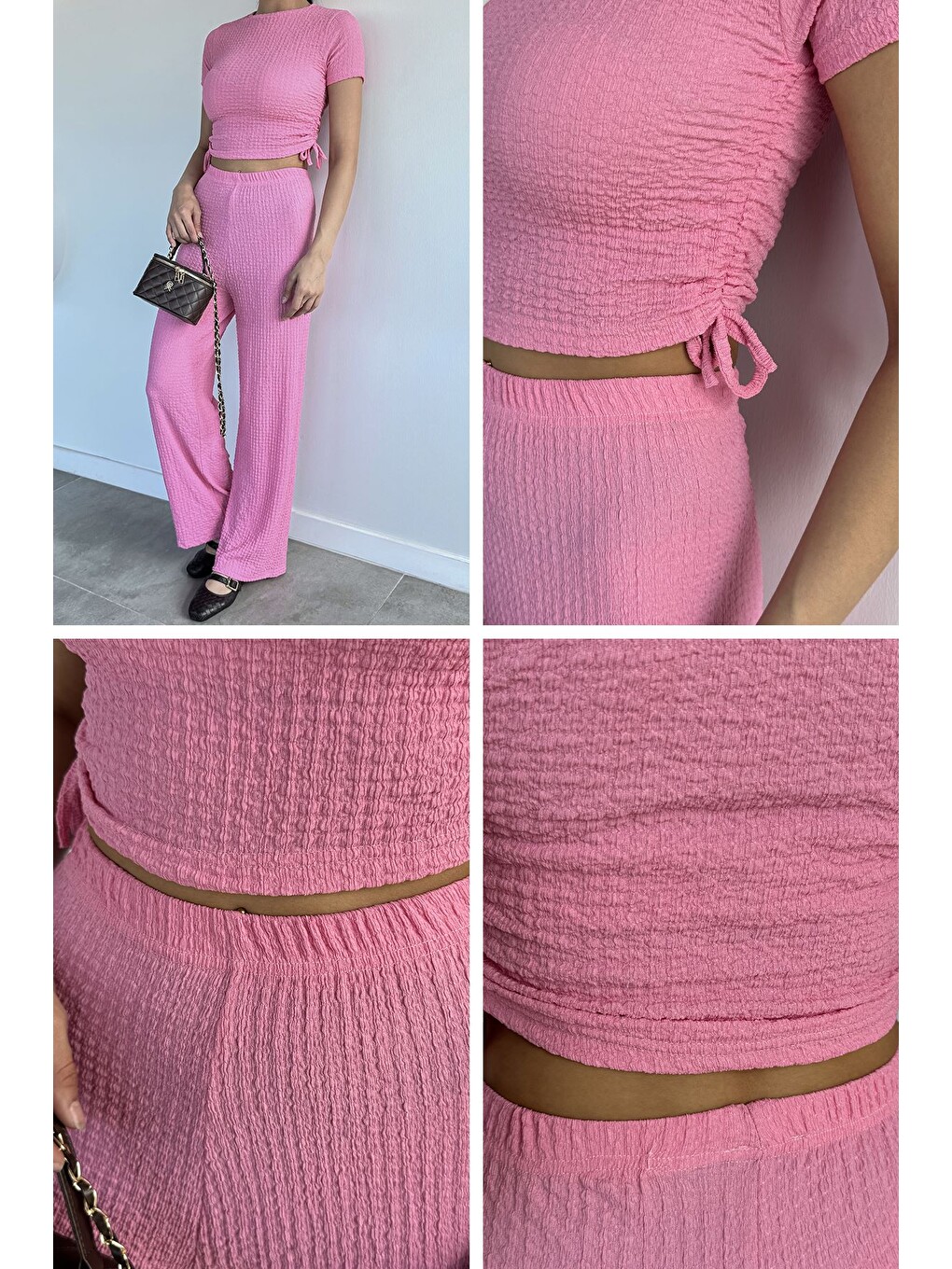 Pembe Kadın Yan Büzgü Detaylı Bluz Bel Lastikli Pantolon İkili Takım-4