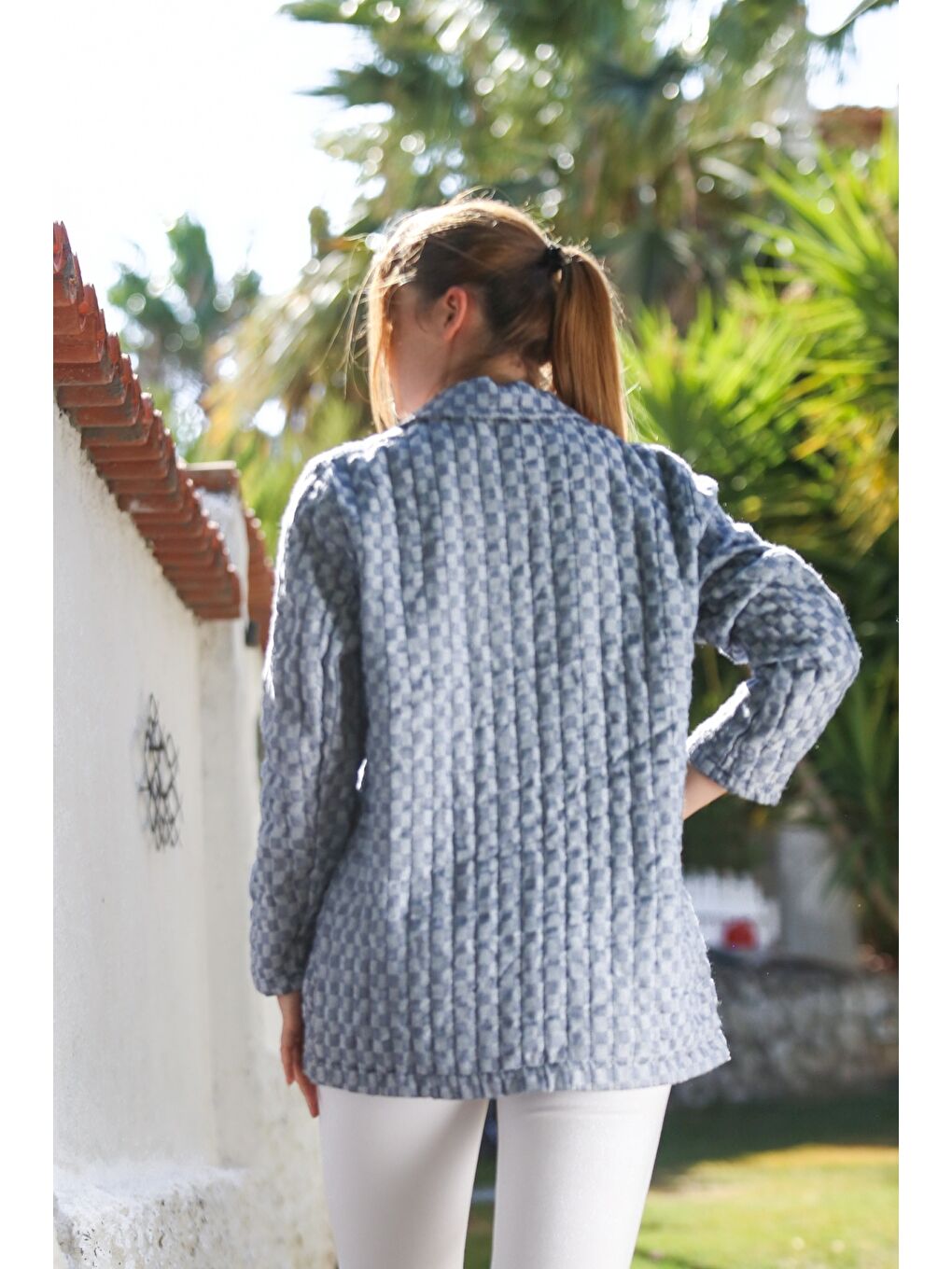 İtalyan Mavi Ceket Yaka Uzun Kol Ekose Düğmeli Kapitone Dokuma Ceket 82 60-1