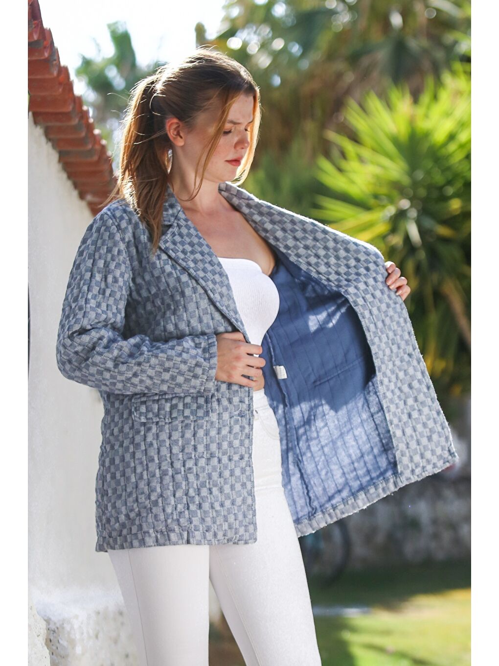 İtalyan Mavi Ceket Yaka Uzun Kol Ekose Düğmeli Kapitone Dokuma Ceket 82 60-2