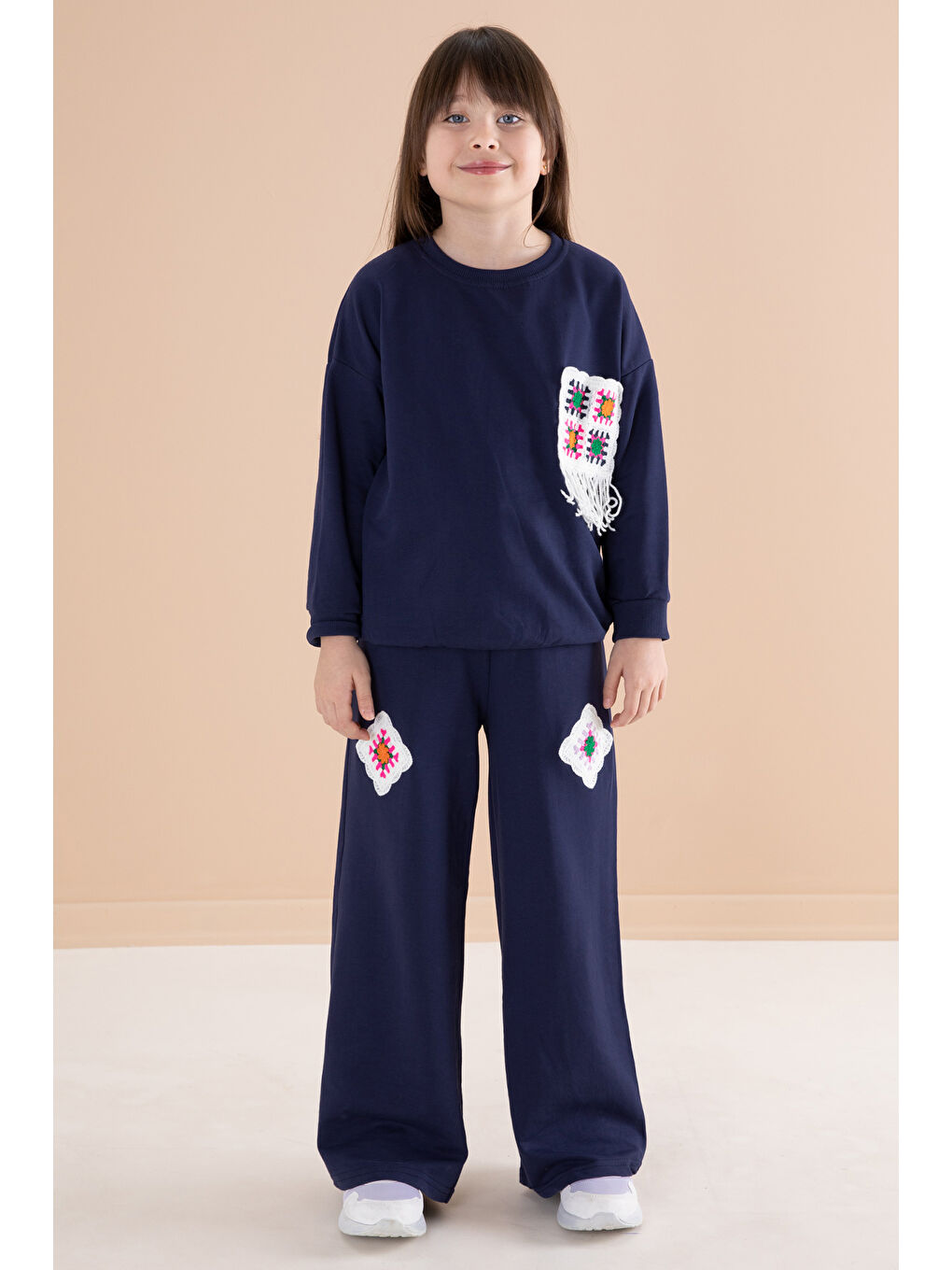 Lacivert Dantel Cep Detaylı Bisiklet Yaka Kız Çocuk Eşofman Takımı 20147