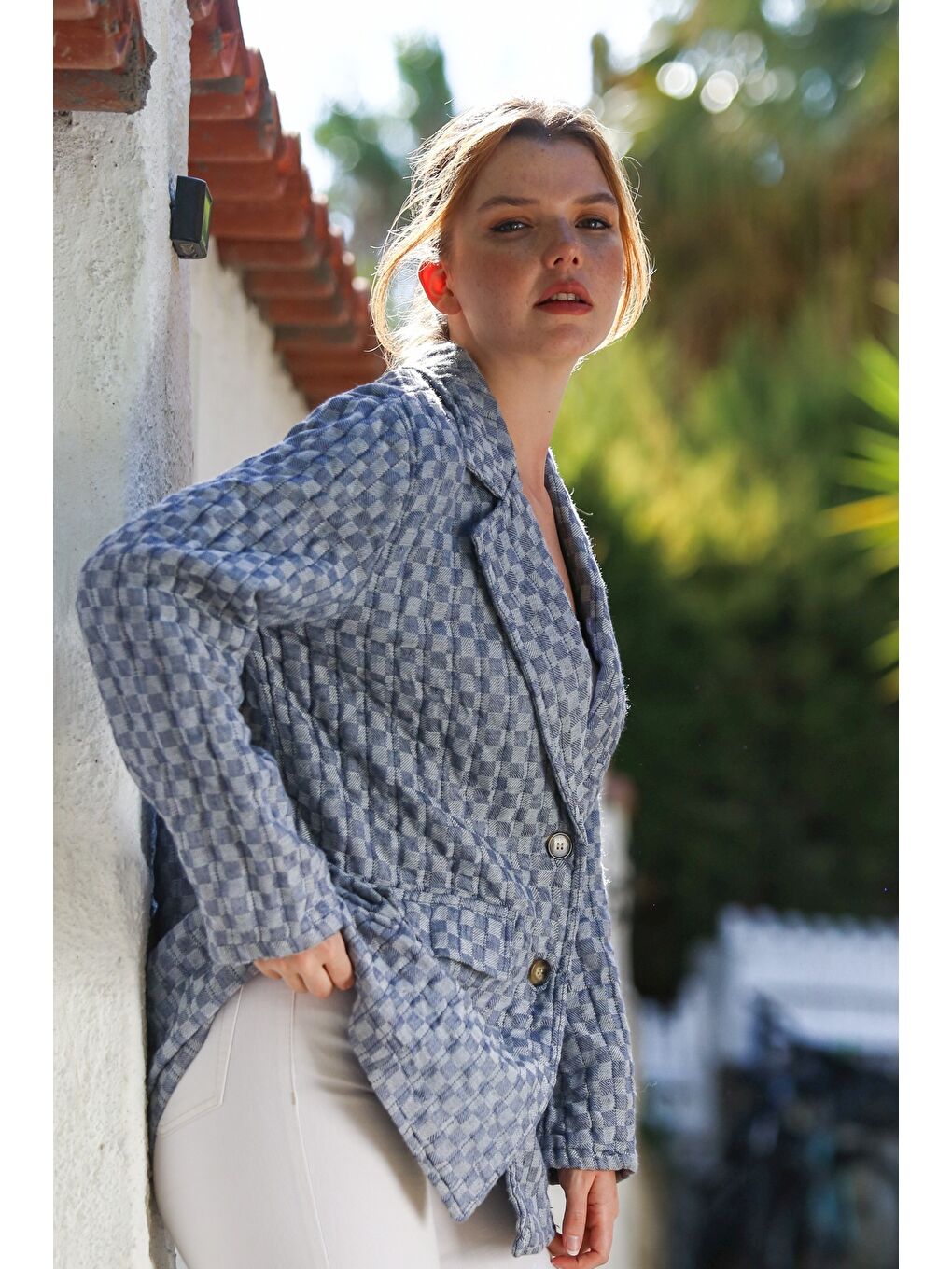 İtalyan Mavi Ceket Yaka Uzun Kol Ekose Düğmeli Kapitone Dokuma Ceket 82 60-3