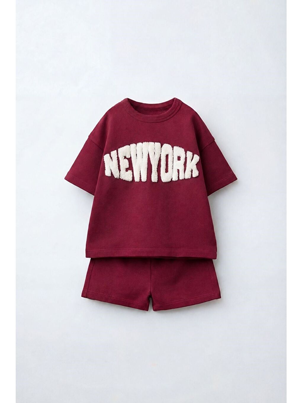 Çocuk Pamuklu Bordo New York Yazı Aplikeli T-Shirt Şort Takım