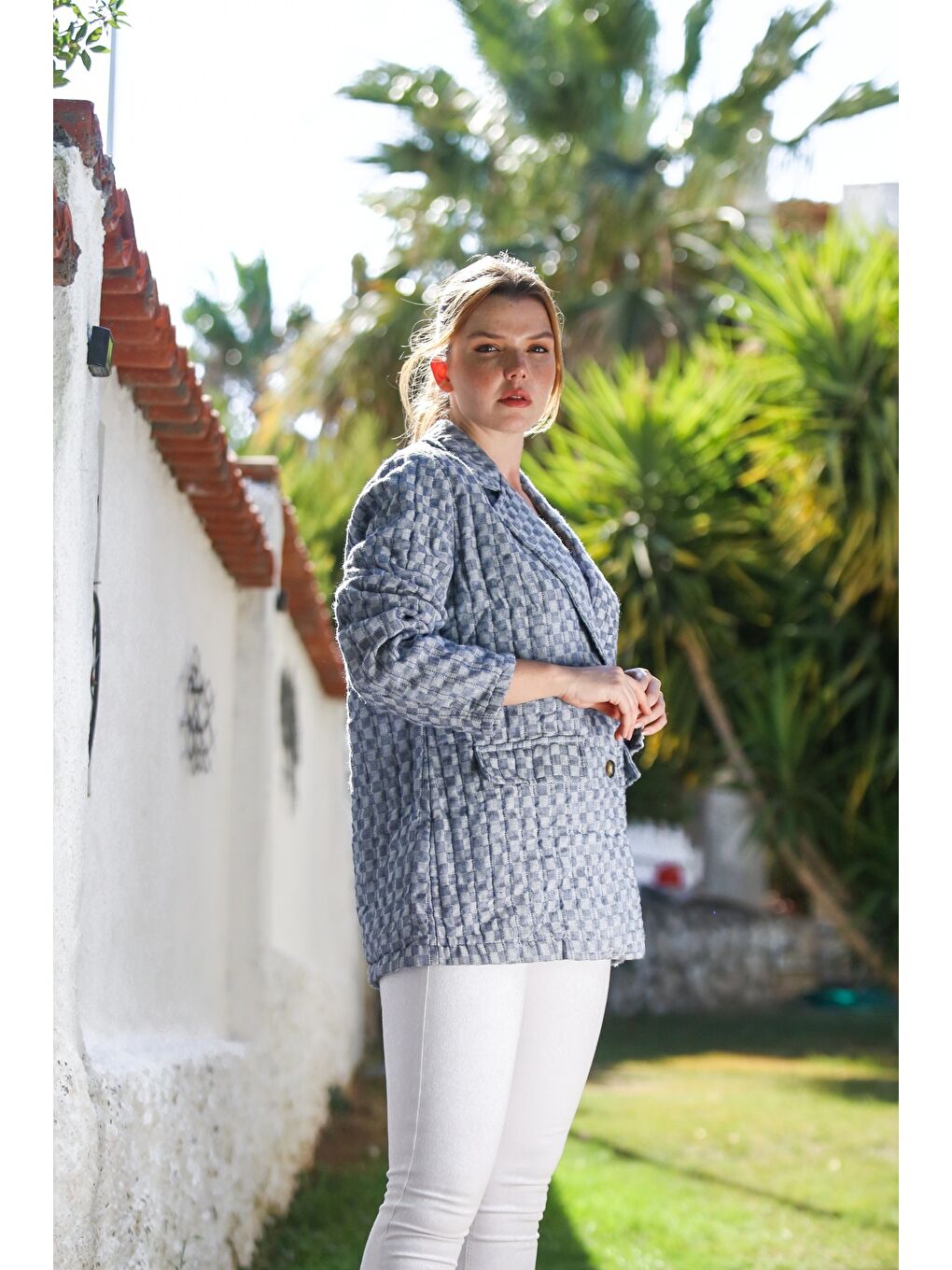 İtalyan Mavi Ceket Yaka Uzun Kol Ekose Düğmeli Kapitone Dokuma Ceket 82 60-6