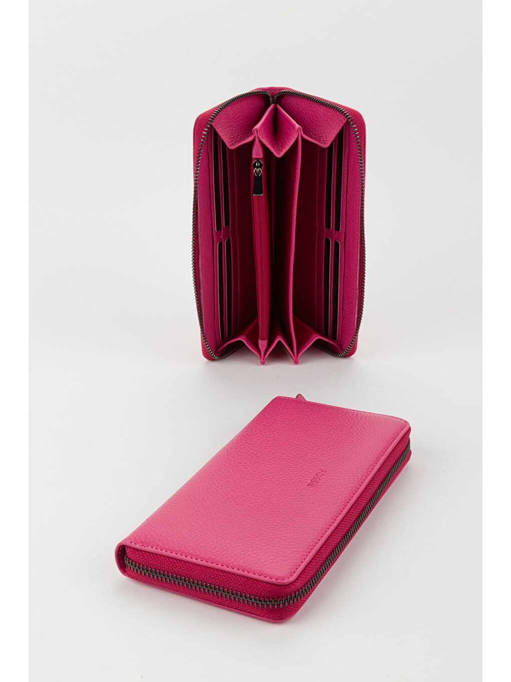 Fuşya Kutulu Hakiki Deri Su Yeşili Fermuarlı Büyük Boy Kadın El Portföyü Kartlık Cüzdan-1