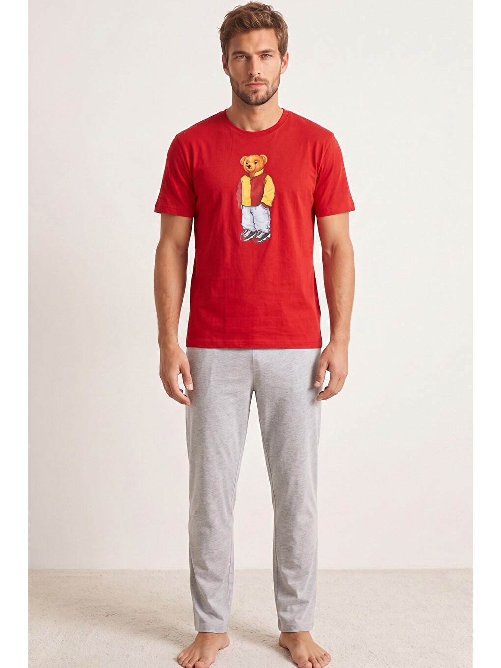 Kırmızı Baskılı Pamuklu Örme Kısa Kollu Pijama Takım 8075-1