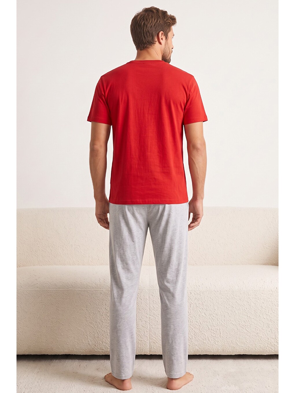 Kırmızı Baskılı Pamuklu Örme Kısa Kollu Pijama Takım 8075-2
