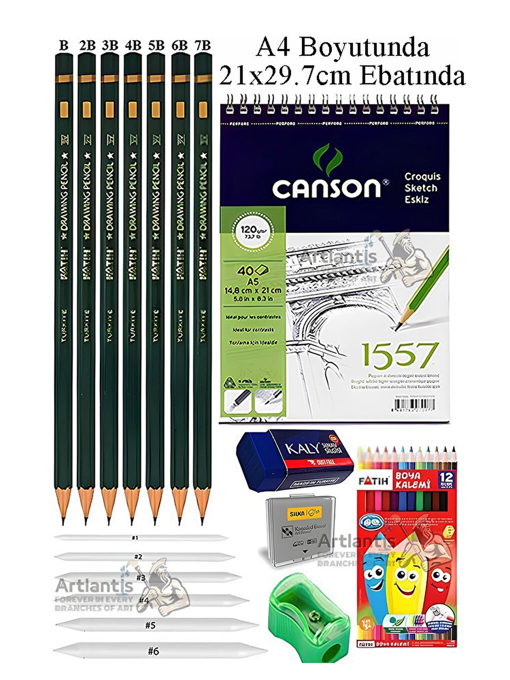 Canson A4 Eskiz Defteri 1557 40 Yaprak Fatih Dereceli Kalem 12 Renk Kuru Boya Sketch Karakalem 6 Lı
