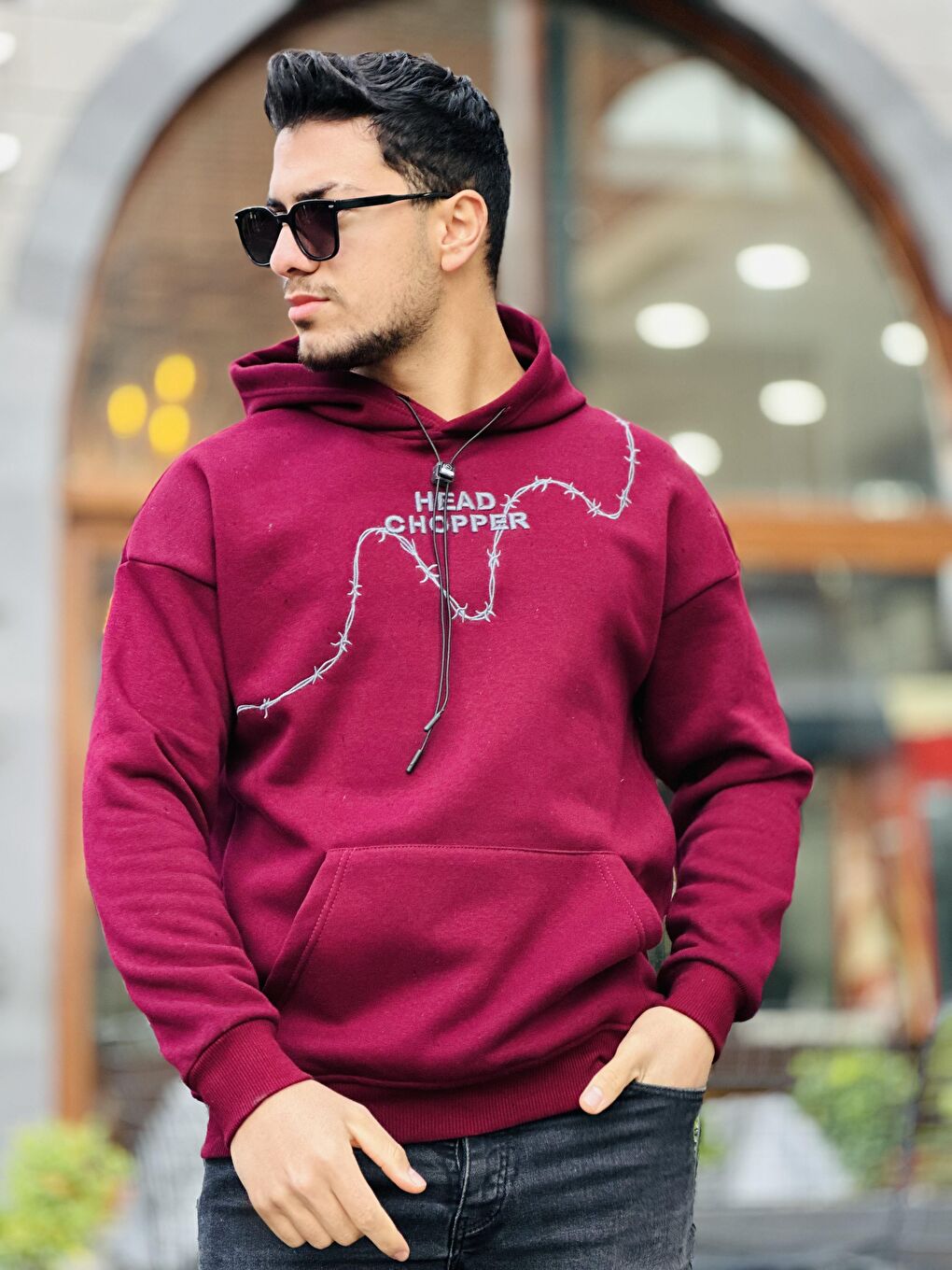 Miron Bordo Üç İplik Head Chopper Nakışlı Oversize Kapüşonlu Sweatshirt