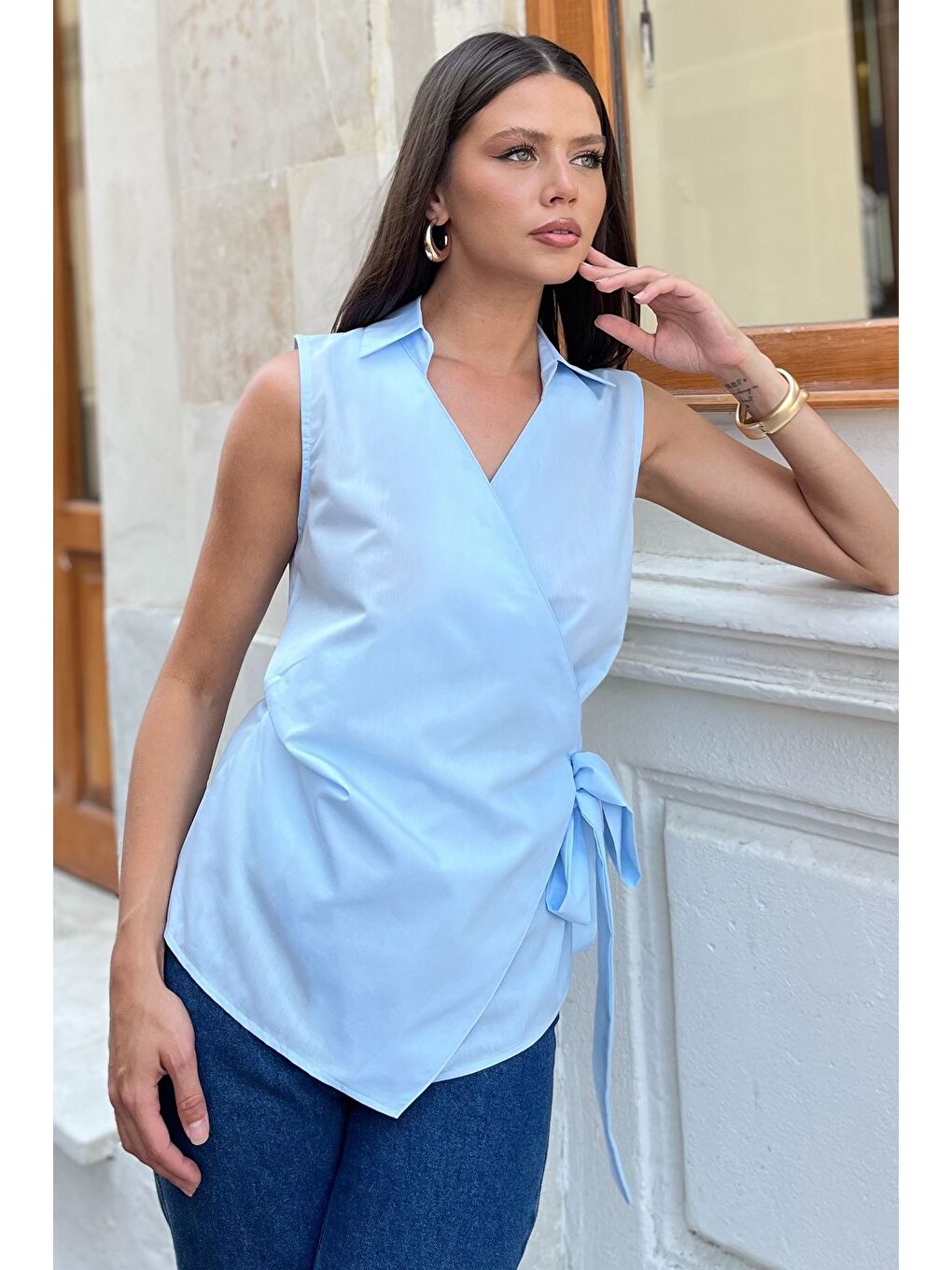 Mavi Kadın Kruvaze Yaka Yan Bağlama Detaylı Bluz
