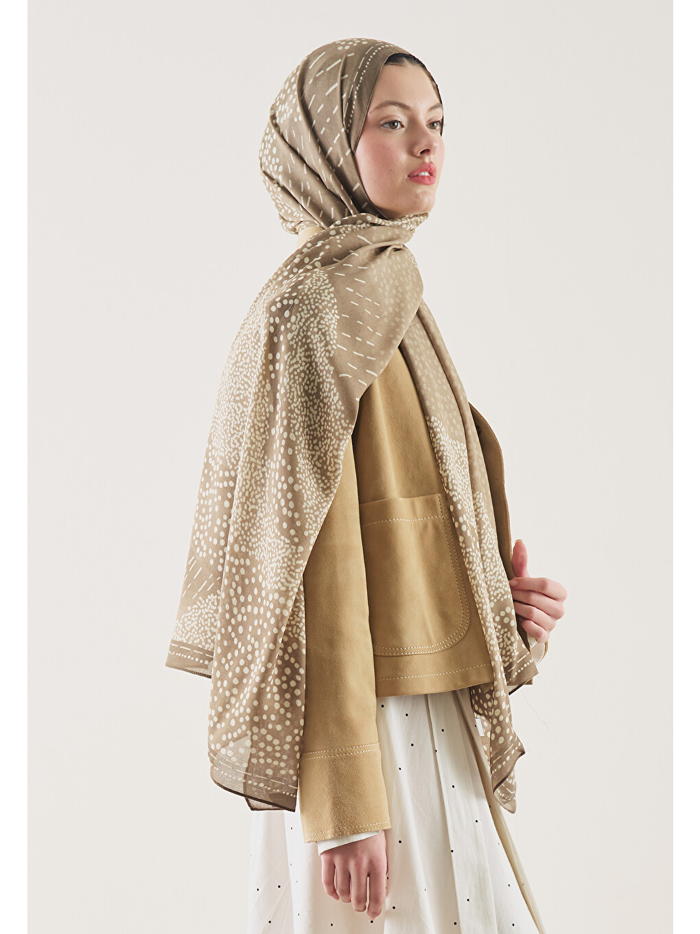Kahverengi Dot Elegance Desen Rami Şal Vizon-2