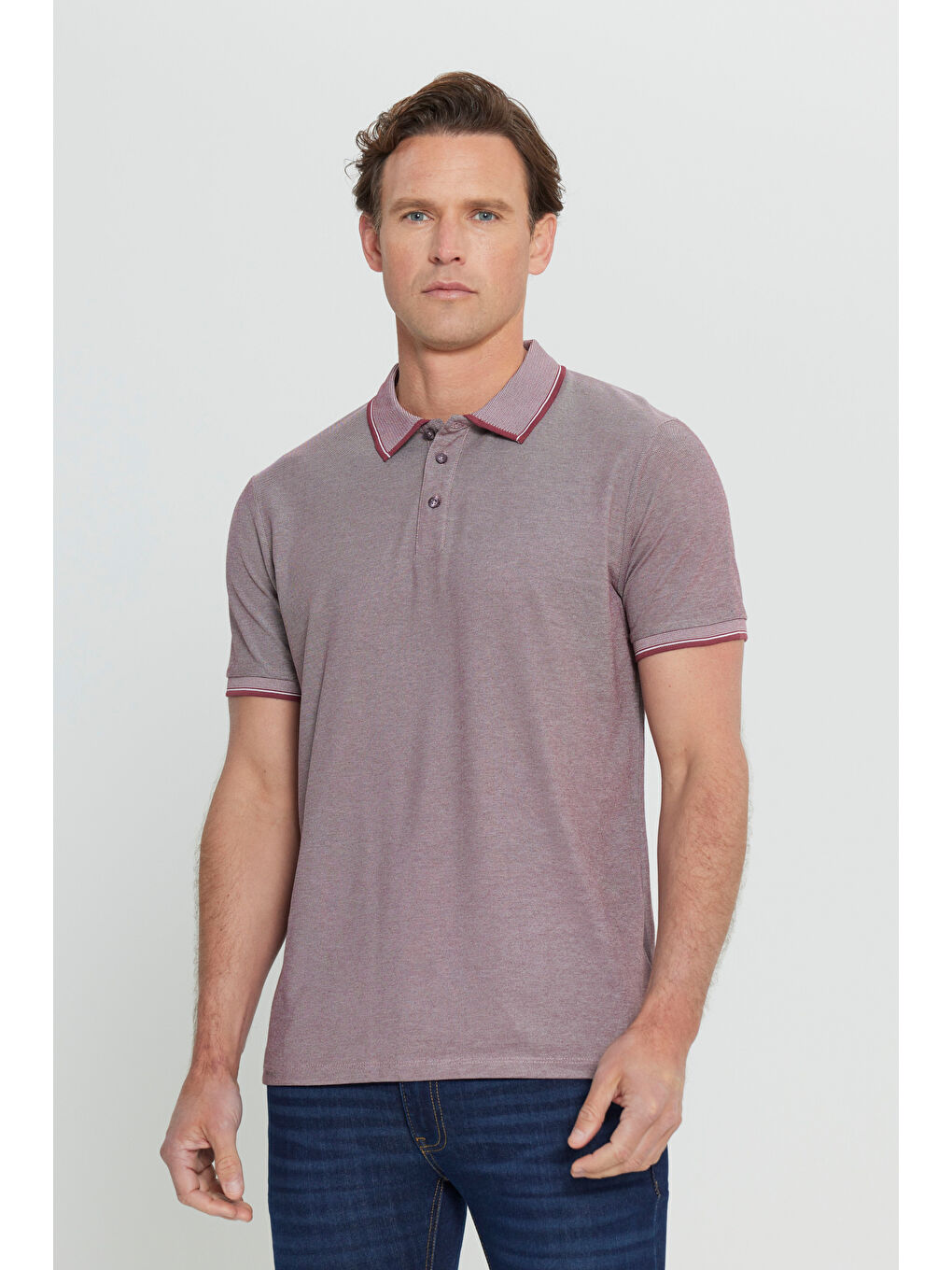 Erkek Bordo Slim Fit Dar Kesim Kıvrılmaz Polo Yaka Kısa Kollu Tişört