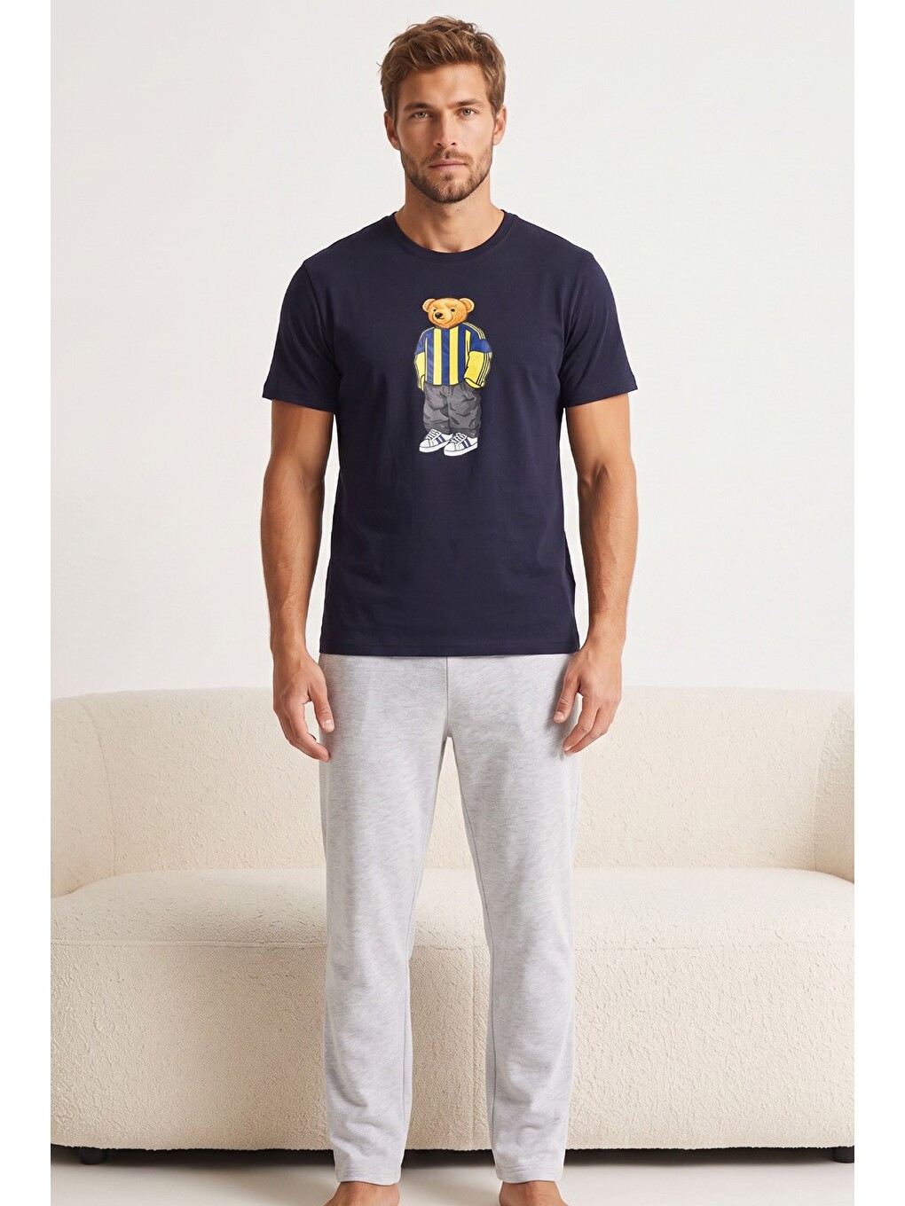 Lacivert Baskılı Pamuklu Örme Kısa Kollu Pijama Takım 8075-1