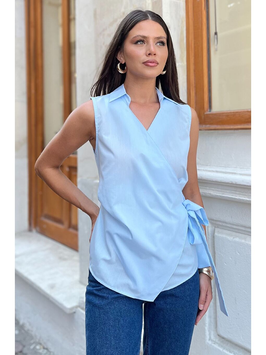 Mavi Kadın Kruvaze Yaka Yan Bağlama Detaylı Bluz-1
