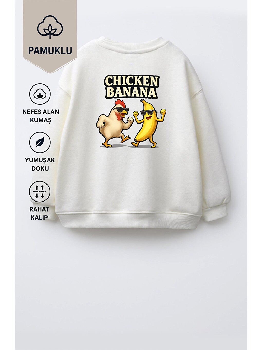 Ekru Unisex Çocuk Sırtı Baskılı 3 İplik Kumaş Pamuklu Sweatshirt-1