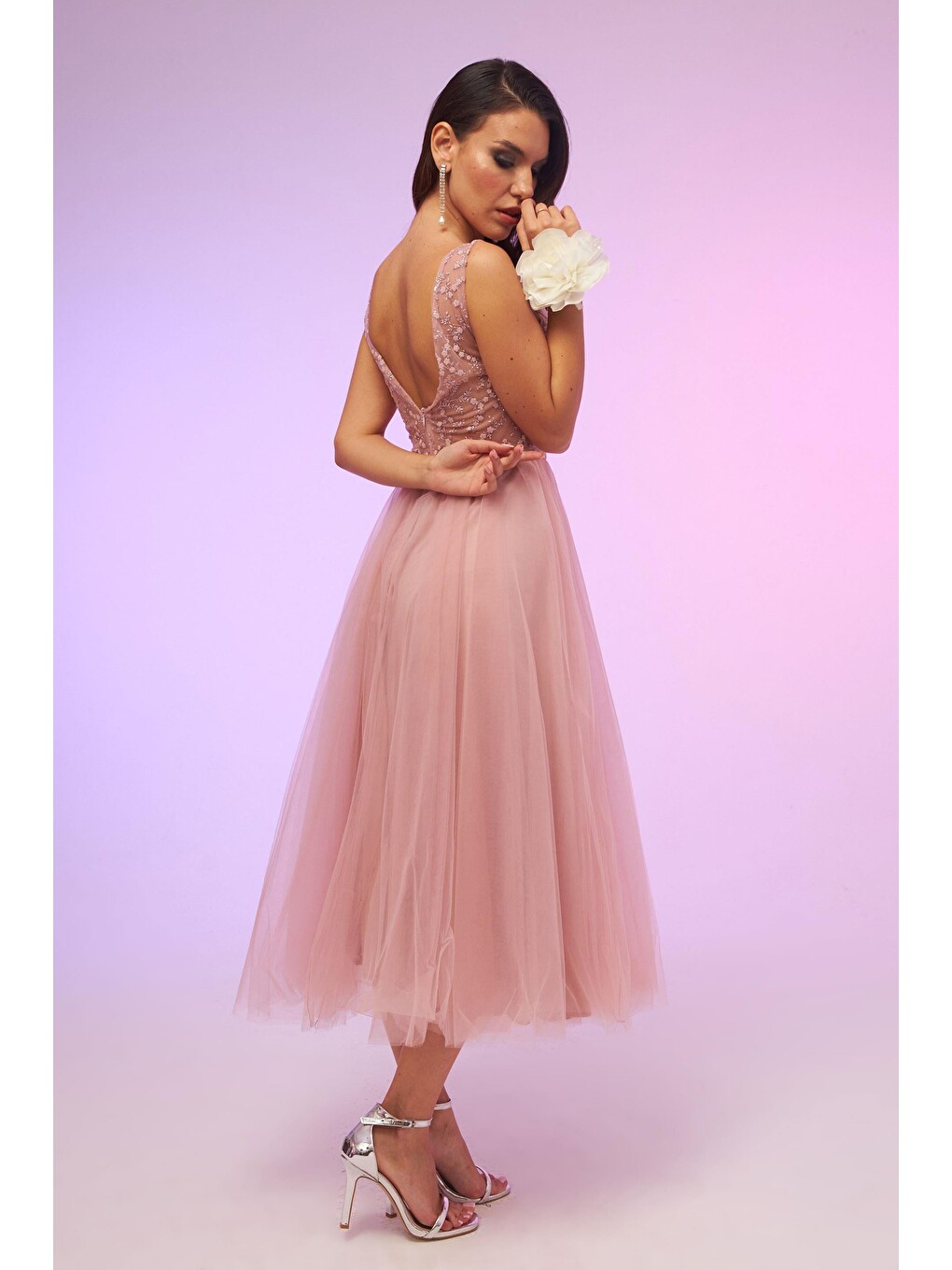 Pembe Pudra Tül Sırt Dekolteli Midi Söz Elbisesi-4