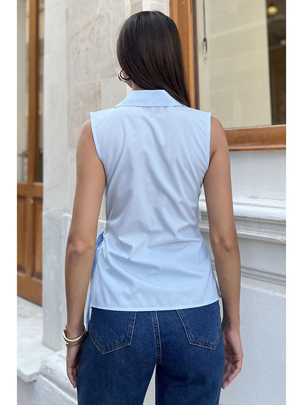 Mavi Kadın Kruvaze Yaka Yan Bağlama Detaylı Bluz-2