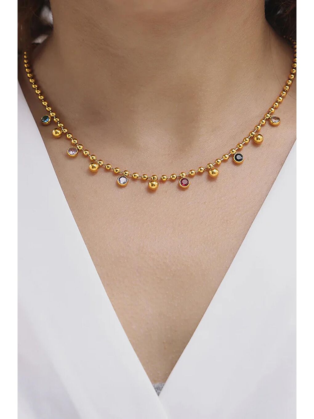 Sarı Rengarenk Taşlı Topçuk Sallantılı Dorika Çelik Gold Zİncir Kolye