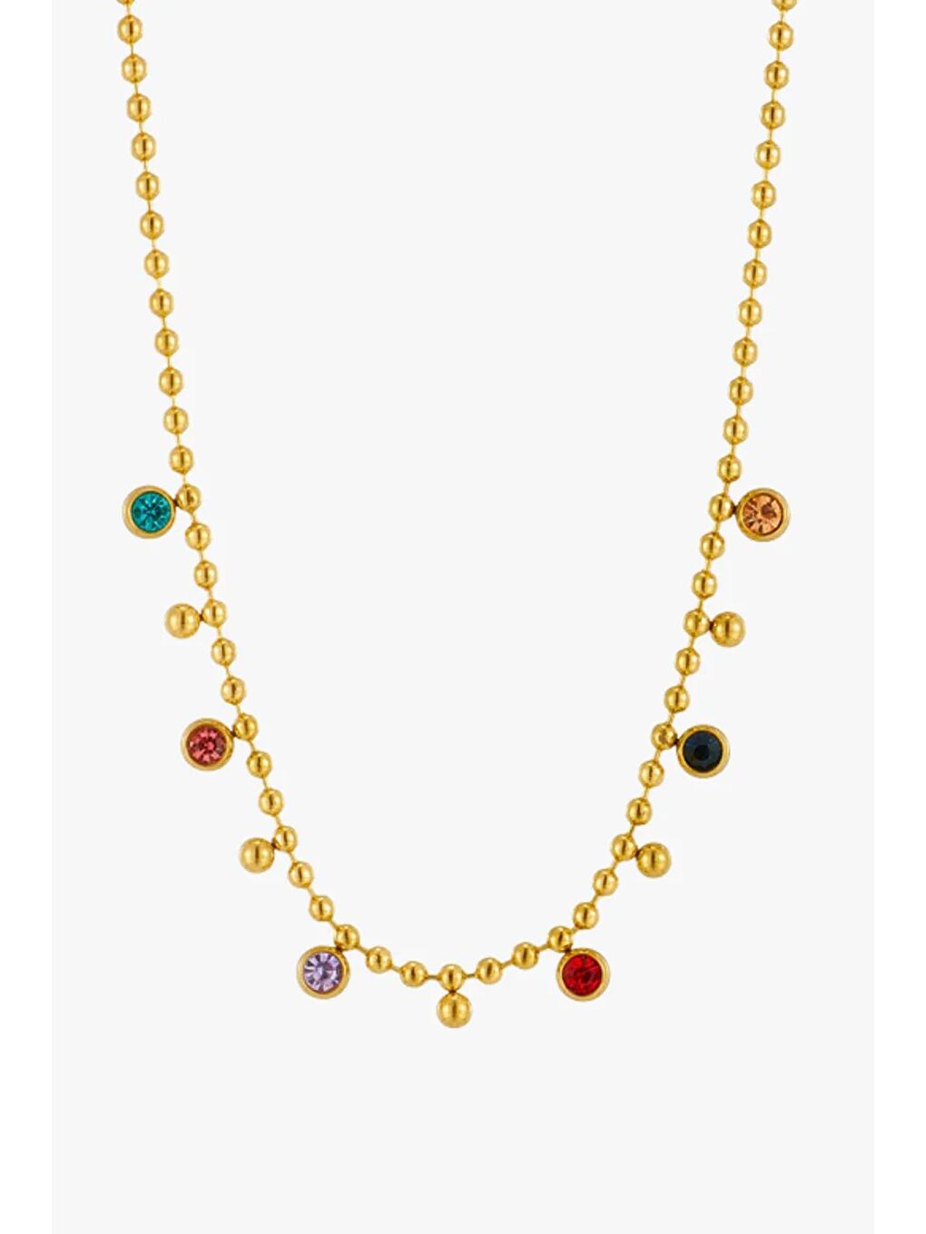 Sarı Rengarenk Taşlı Topçuk Sallantılı Dorika Çelik Gold Zİncir Kolye-1