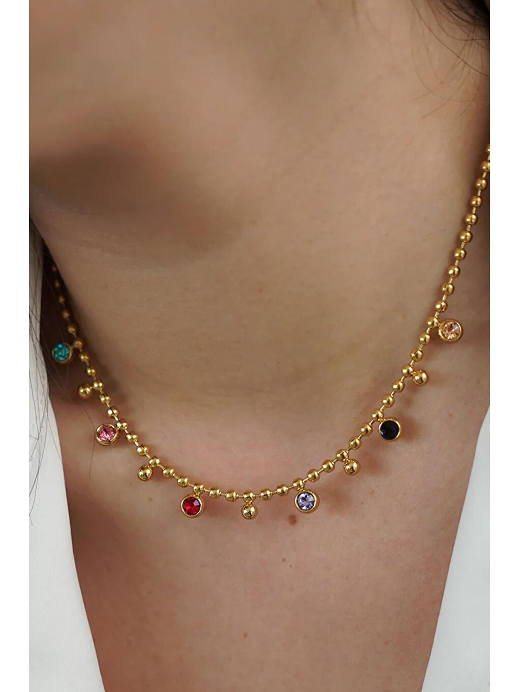Sarı Rengarenk Taşlı Topçuk Sallantılı Dorika Çelik Gold Zİncir Kolye-2