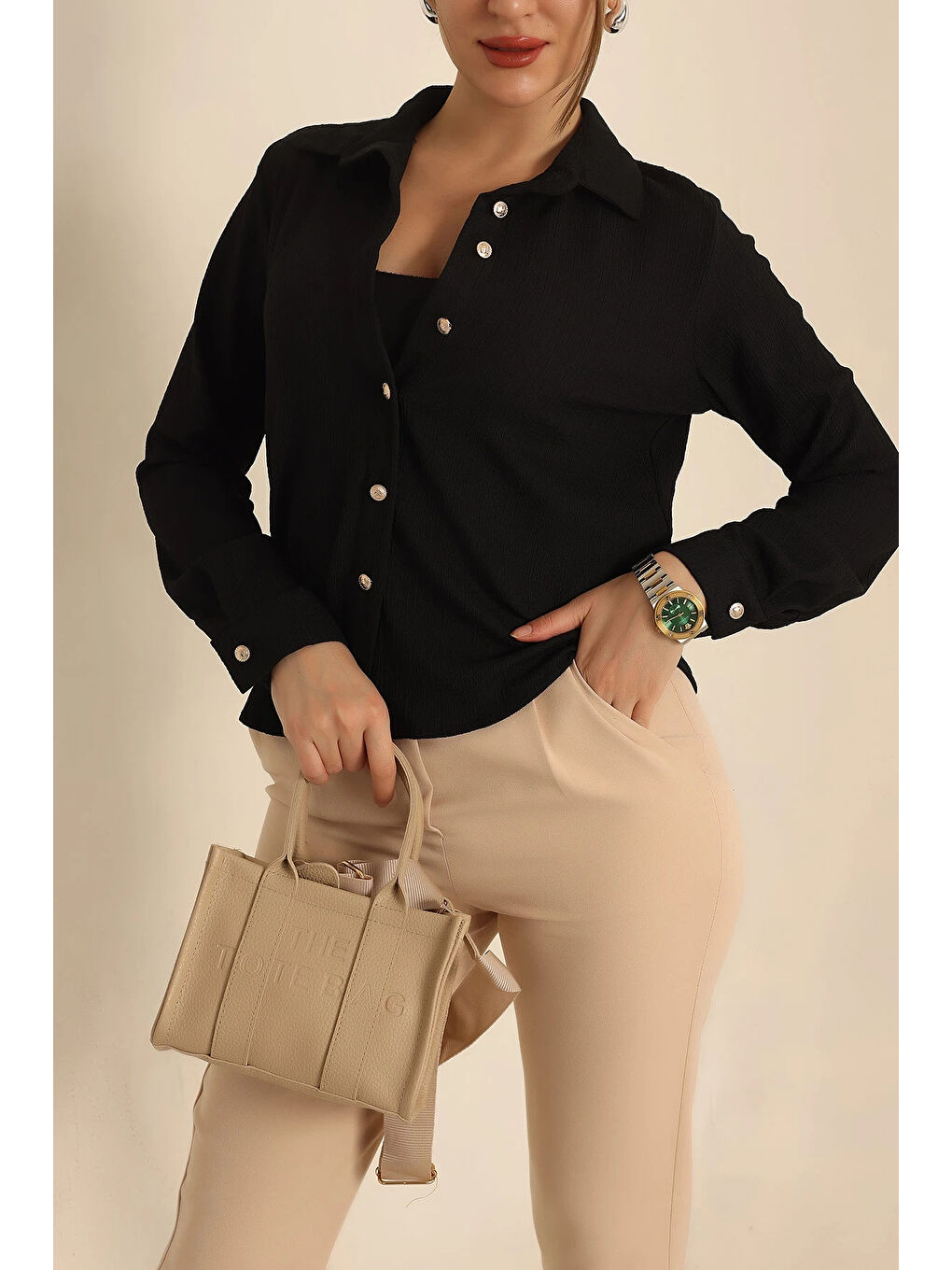 Kadın Siyah Örme Bürümcük Gömlek HZL25S-BD1201601