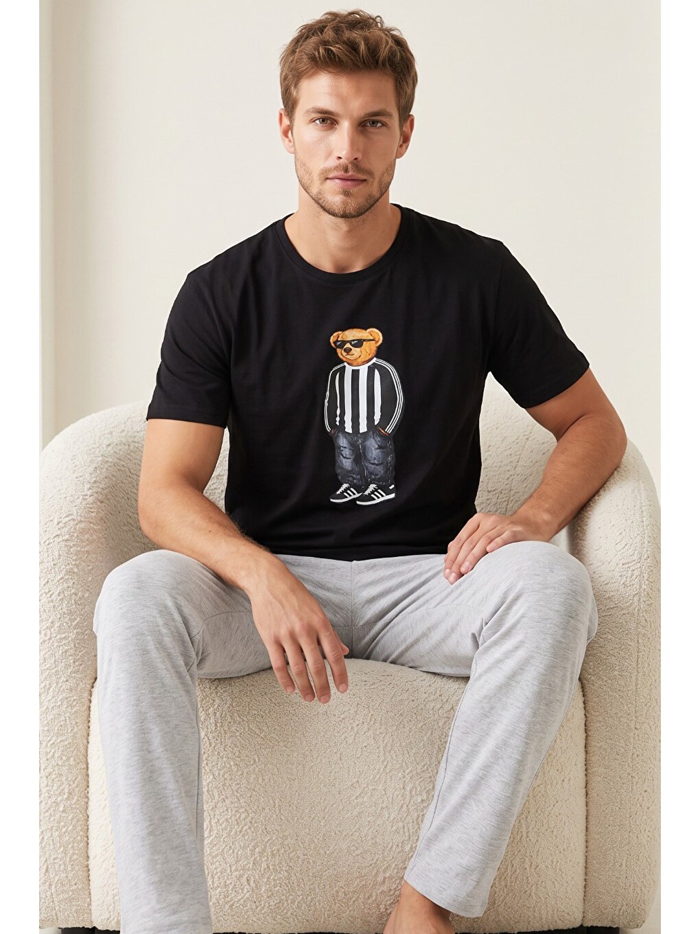 Siyah Baskılı Pamuklu Örme Kısa Kollu Pijama Takım 8075