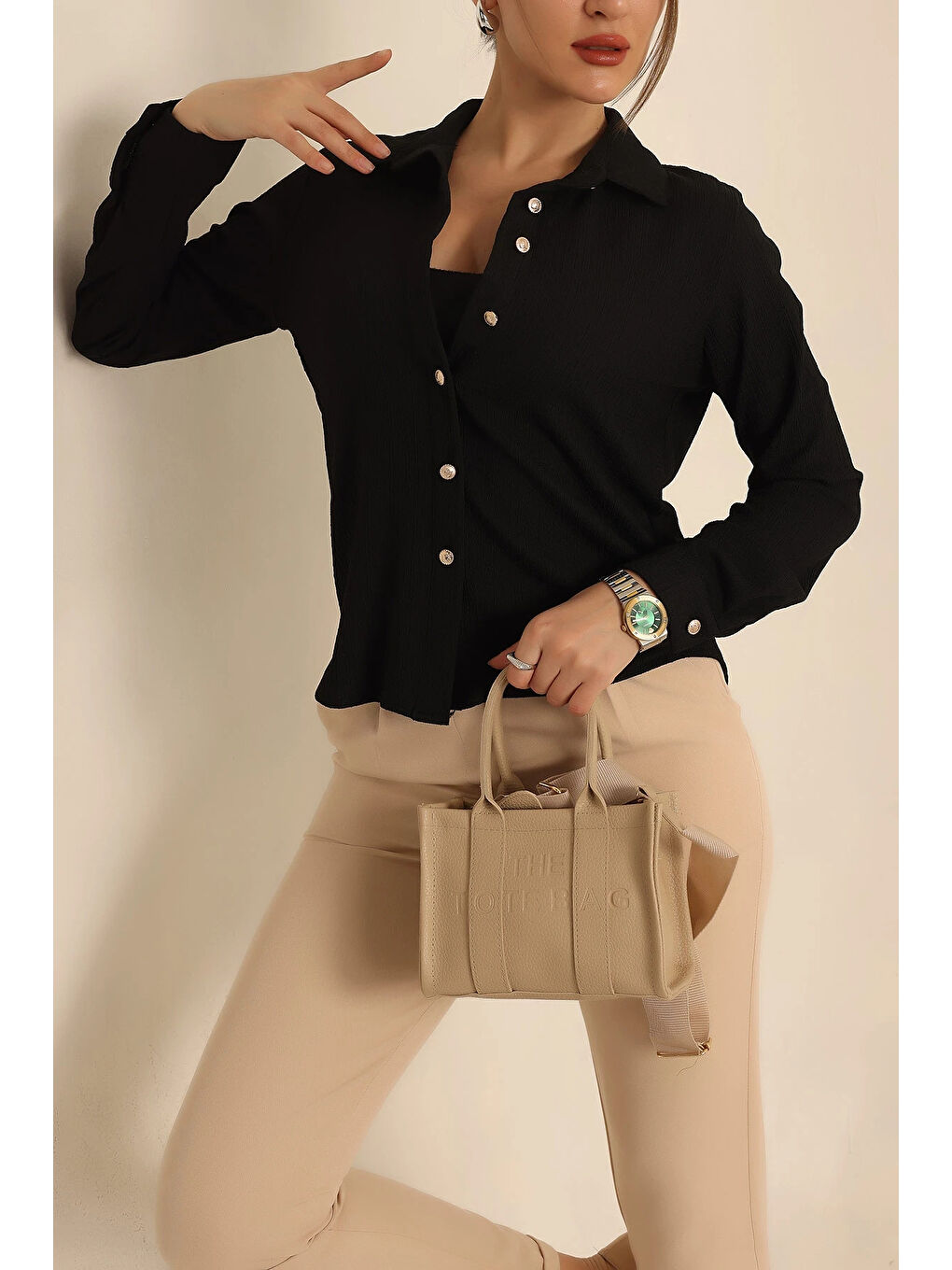 Kadın Siyah Örme Bürümcük Gömlek HZL25S-BD1201601-1